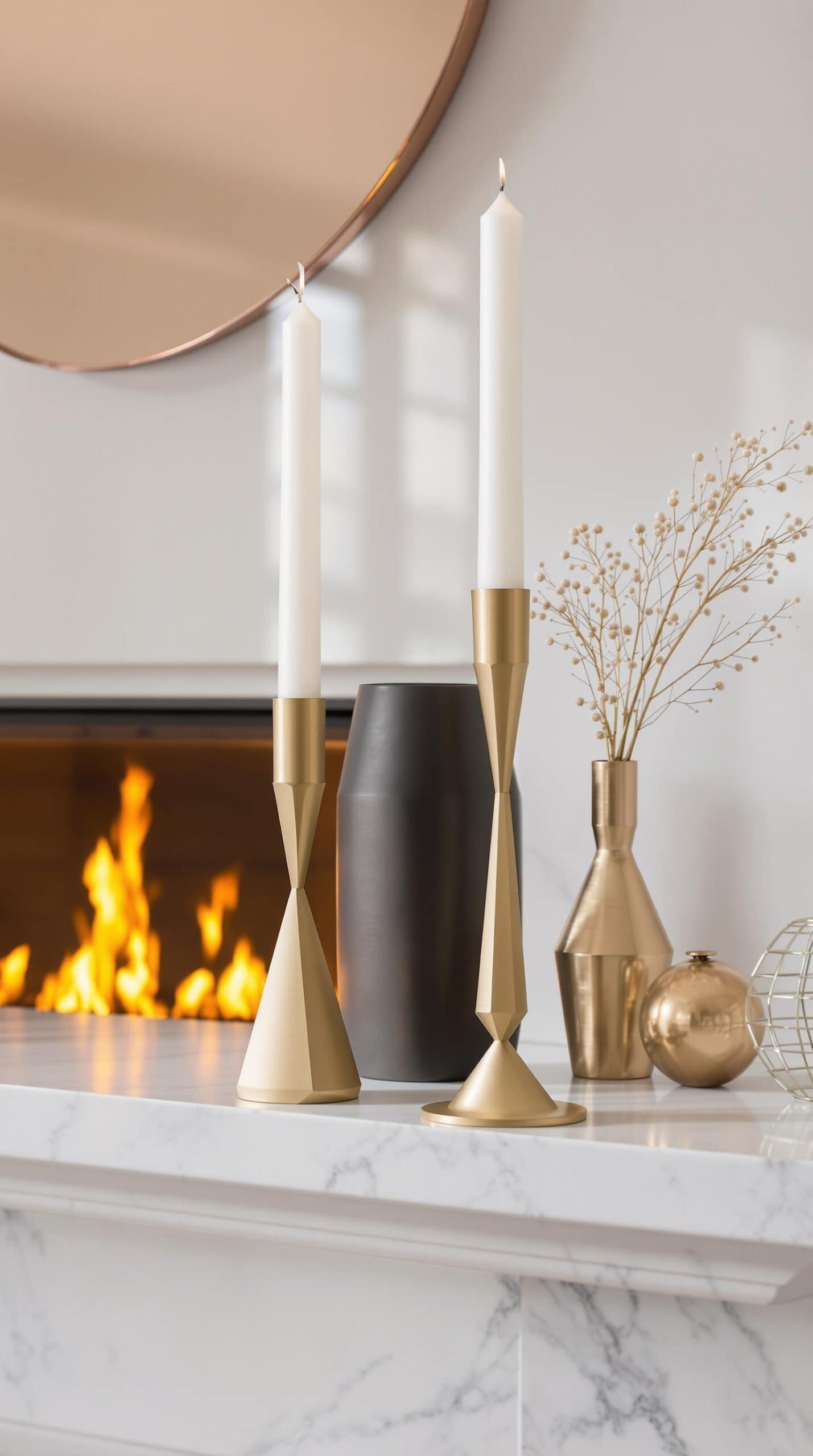 a fireplace with candles and vases on it