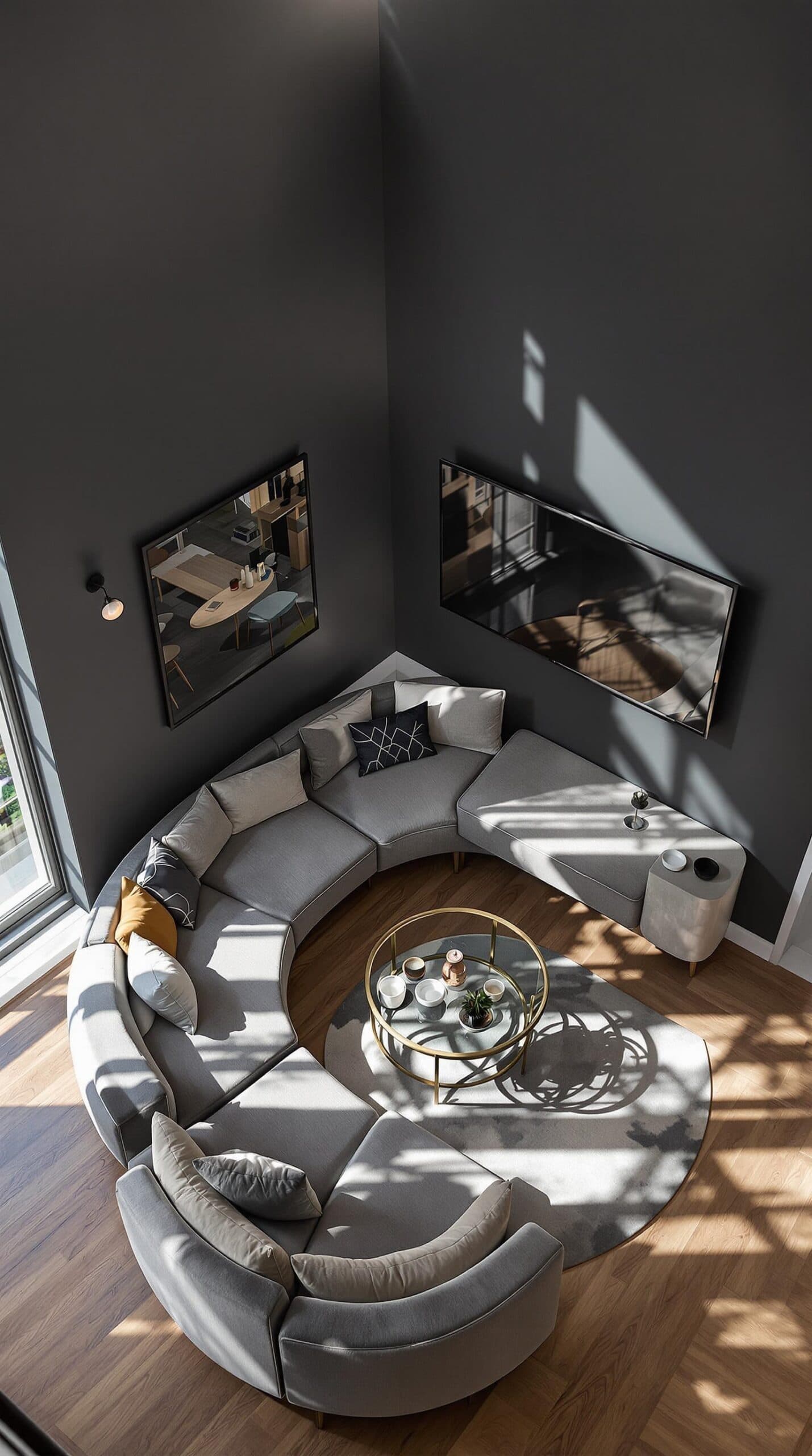 a living room with a circular couch and a coffee table