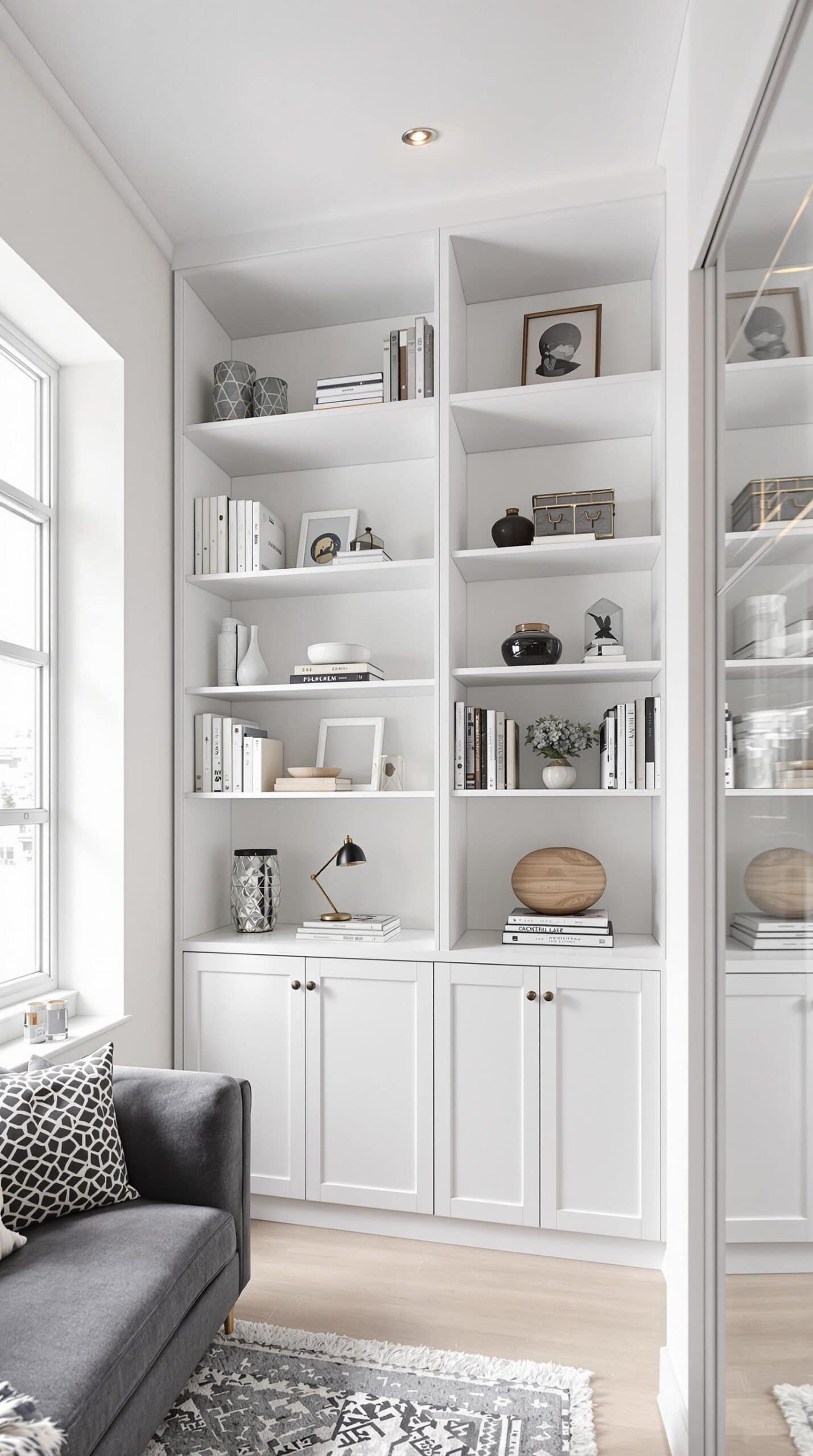 a living room filled with lots of white furniture