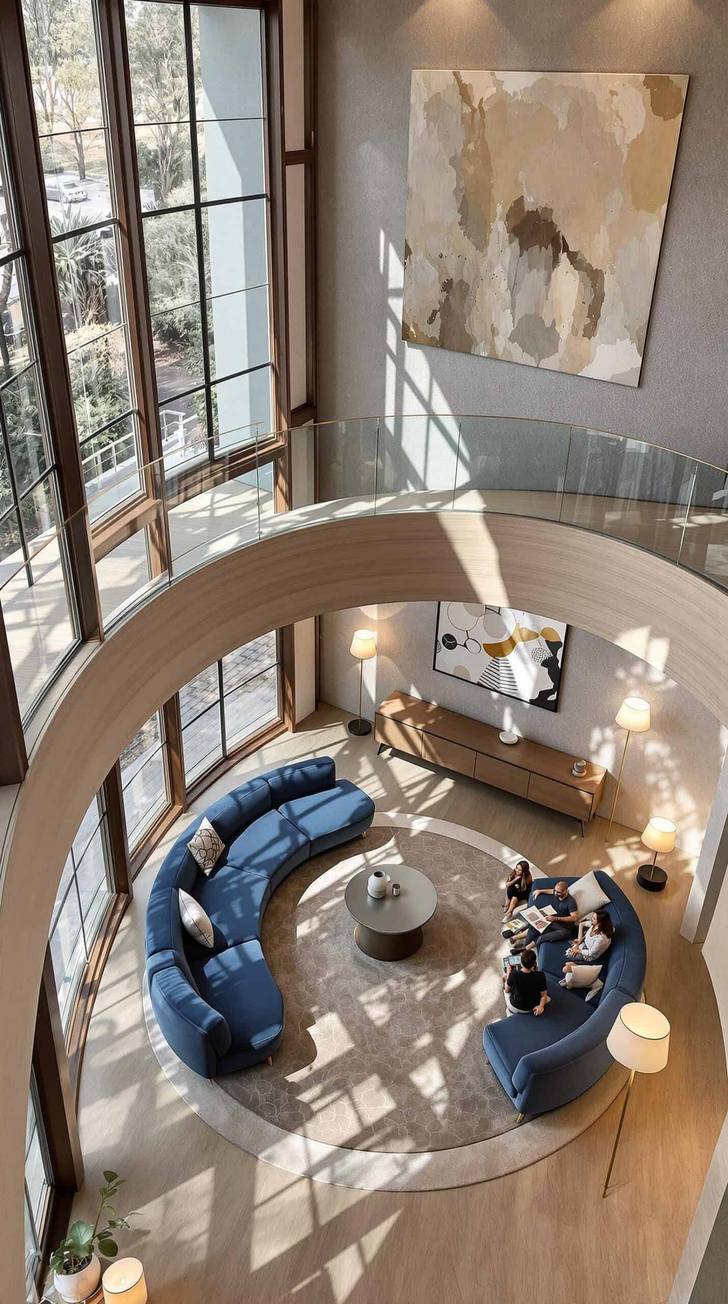 a large living room with a circular couch