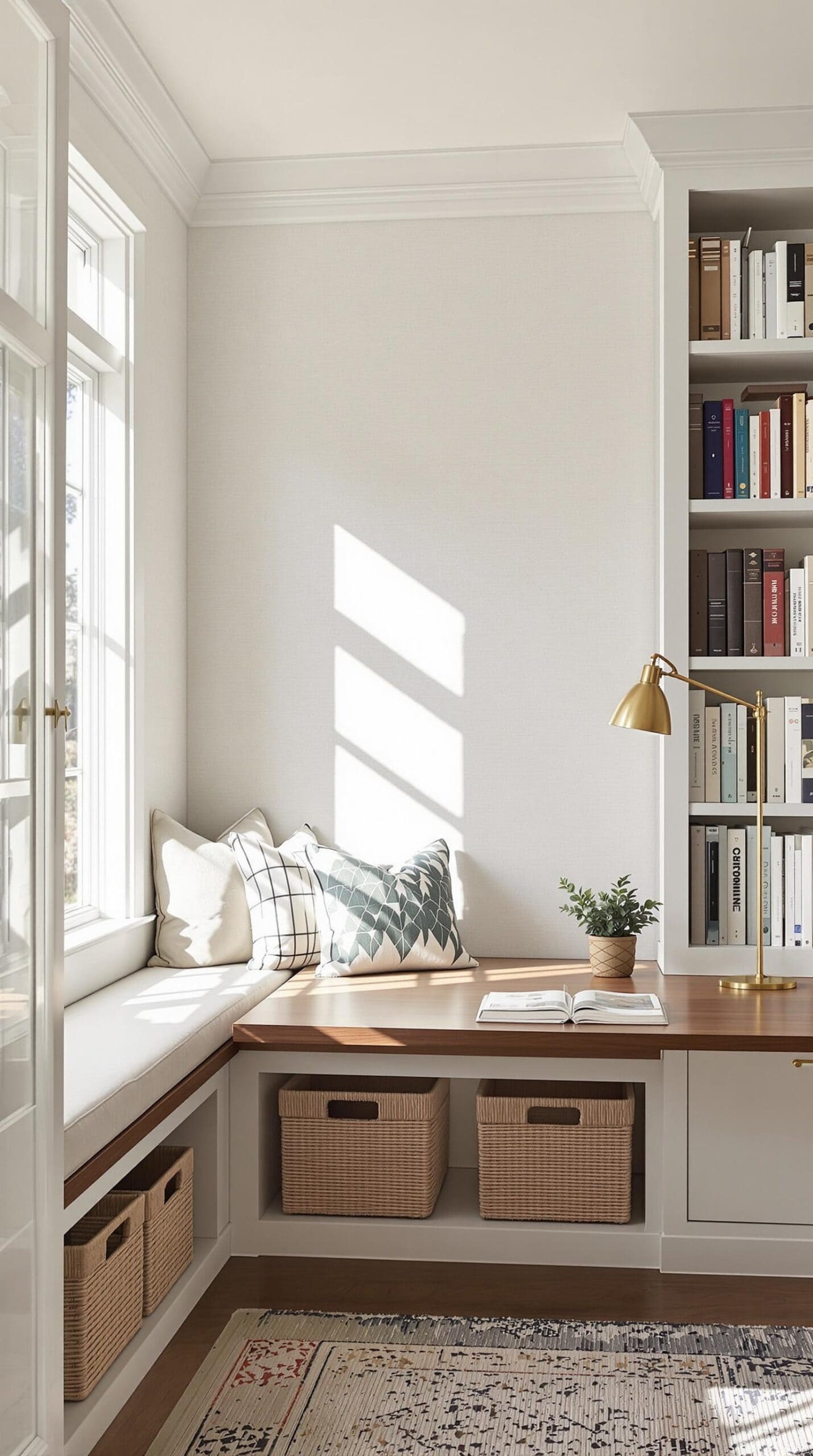 a room with a window, bookshelf, and a rug