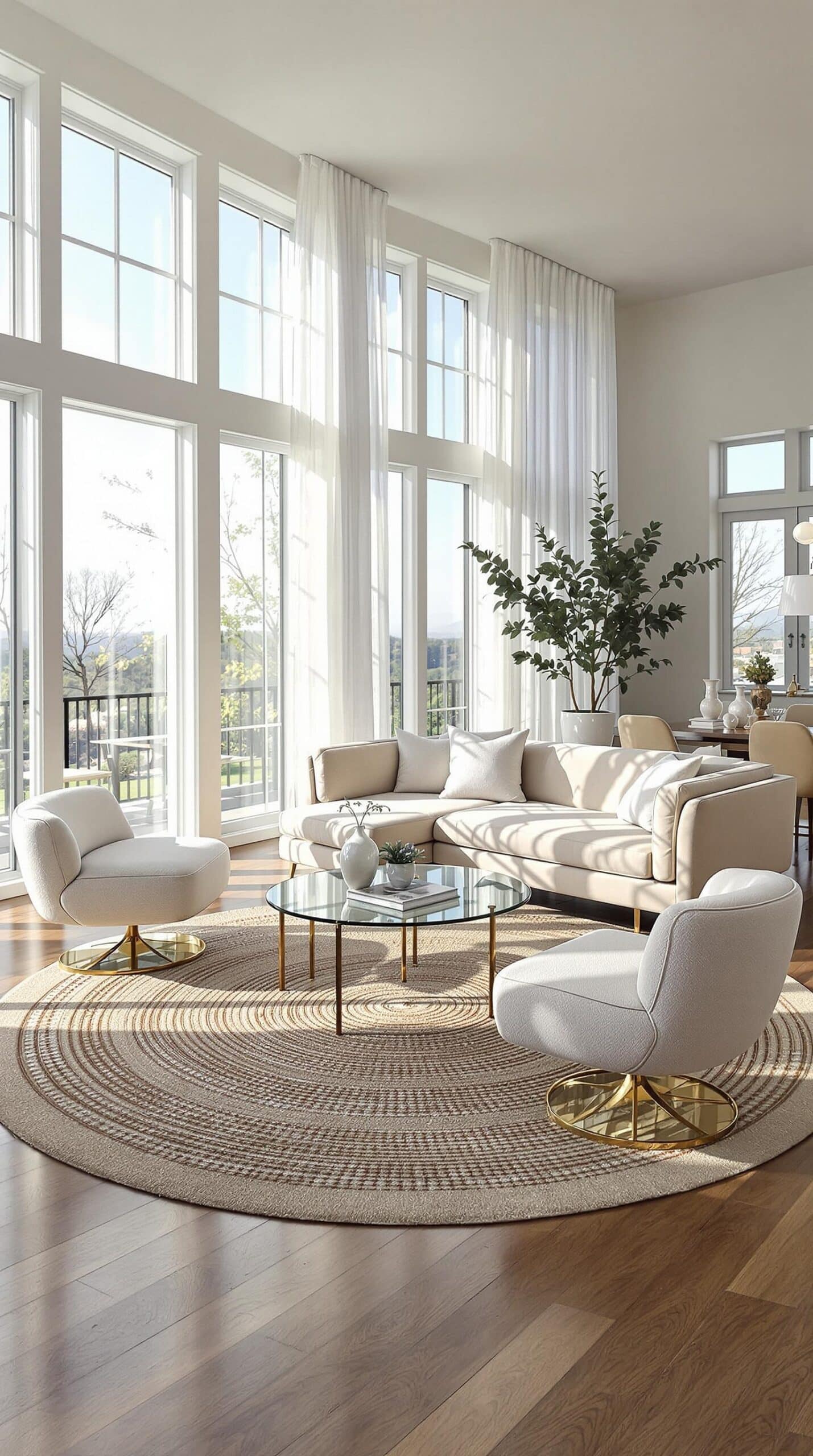 a living room filled with furniture and large windows
