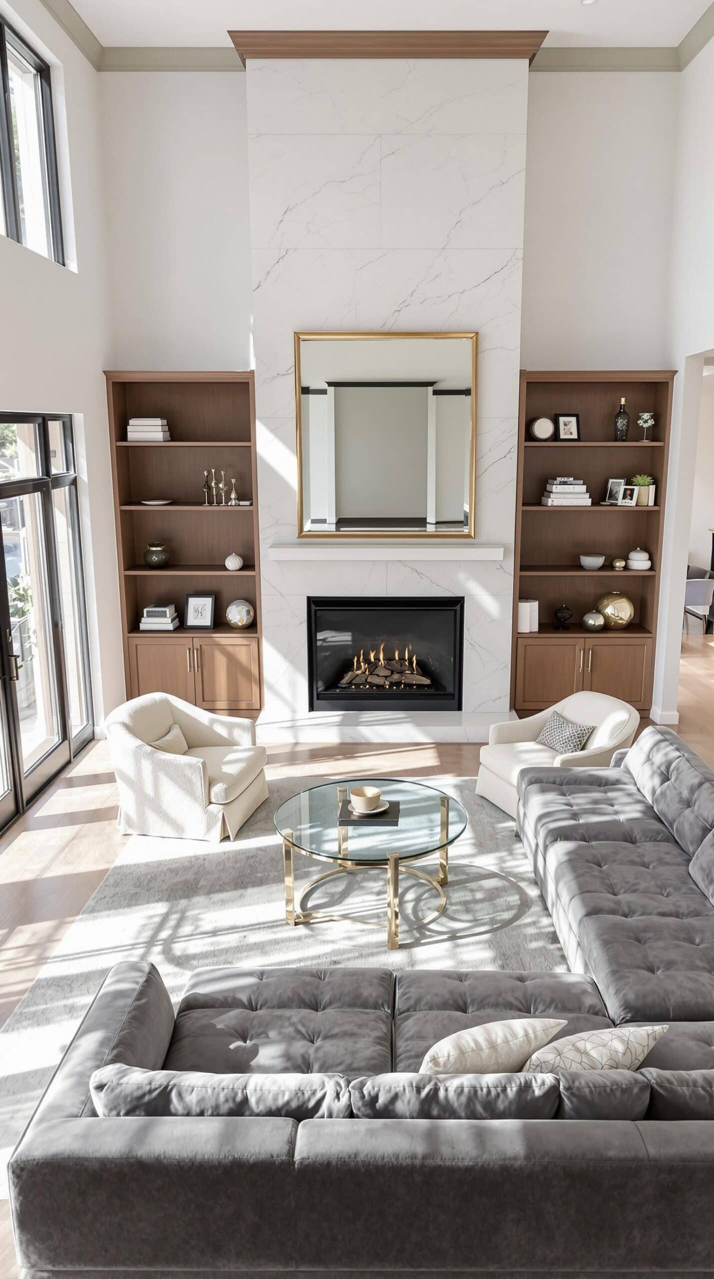 a living room with a couch a table and a fireplace