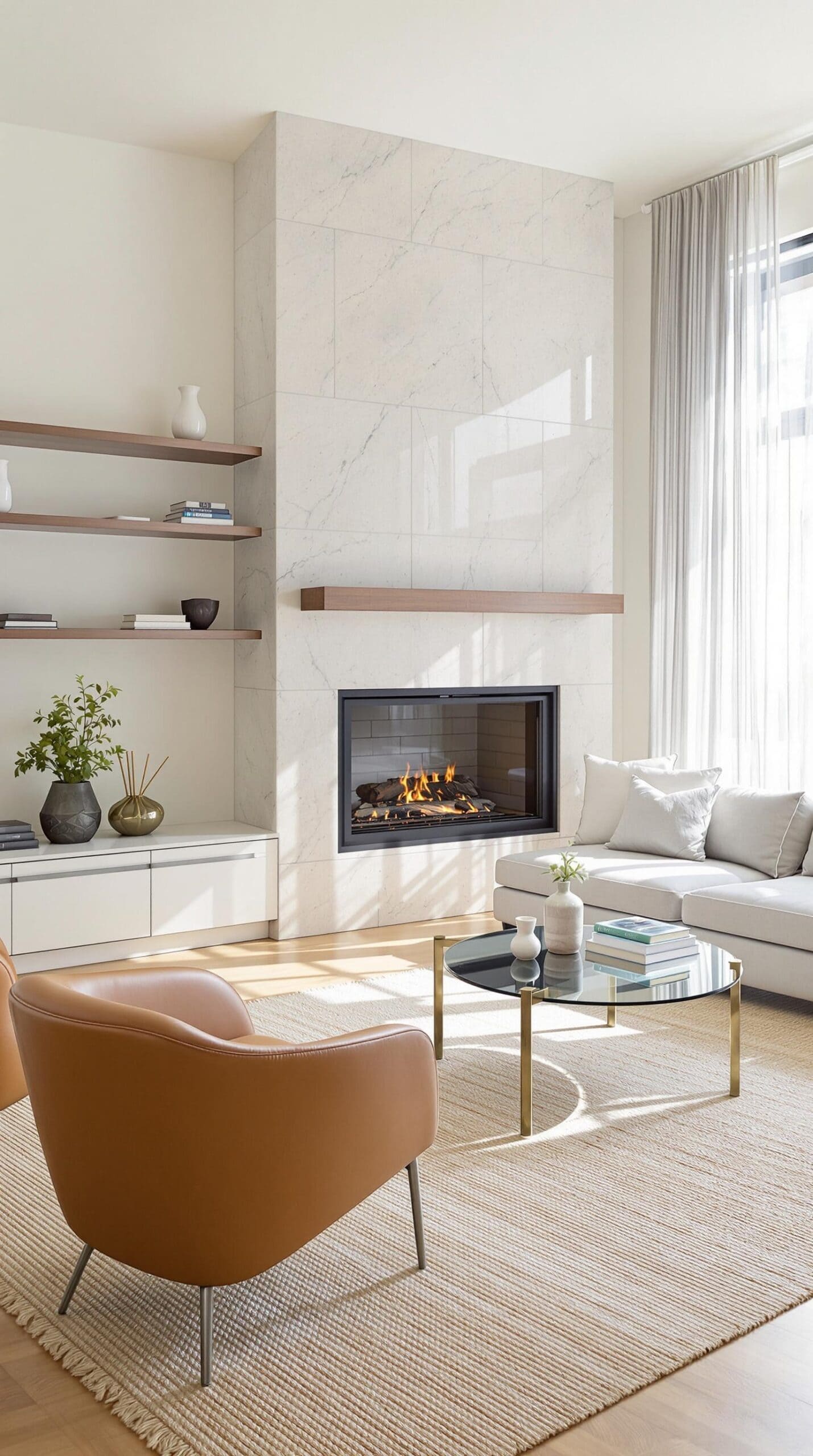 a living room filled with furniture and a fire place