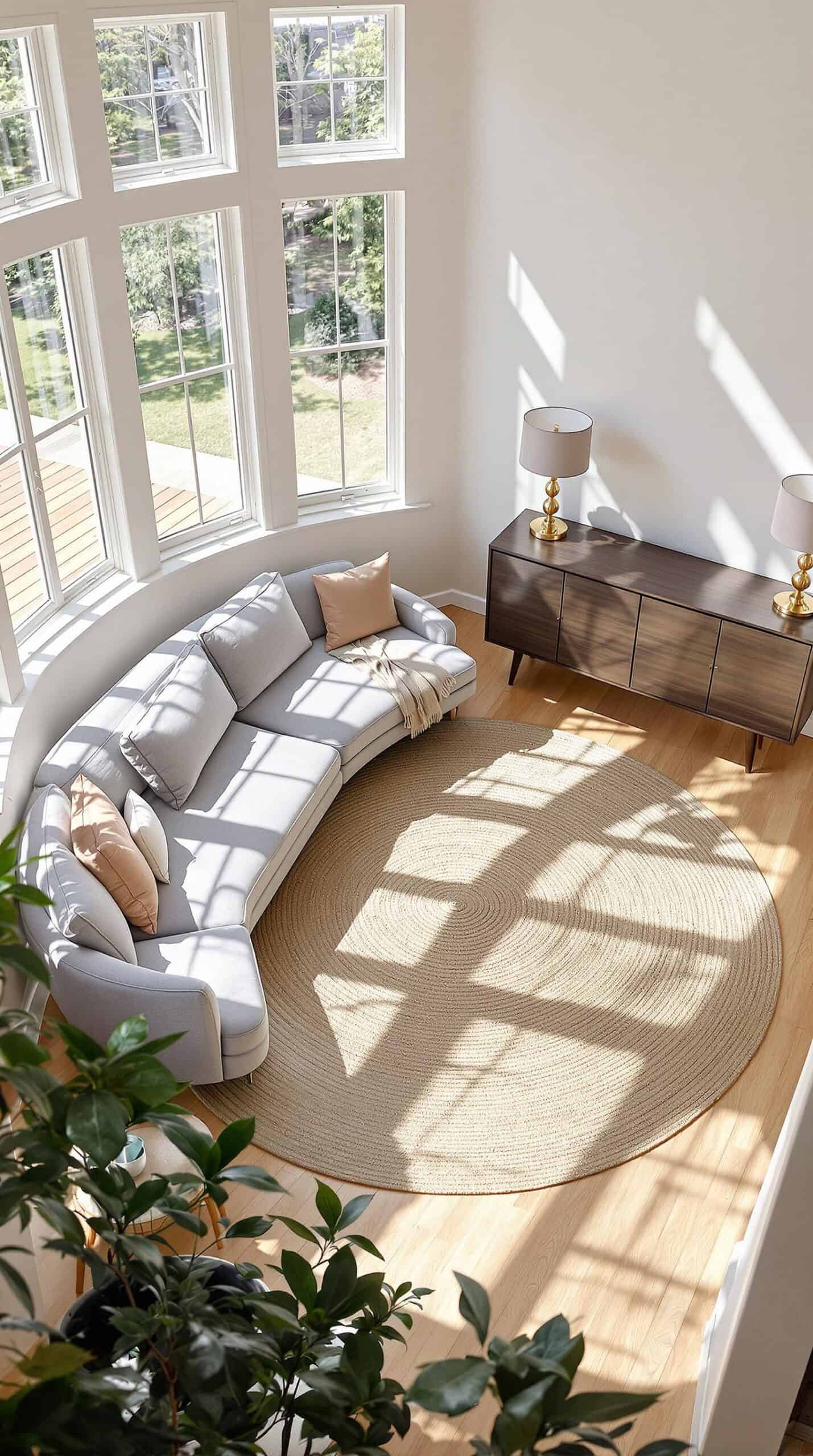 a living room filled with furniture and a large window