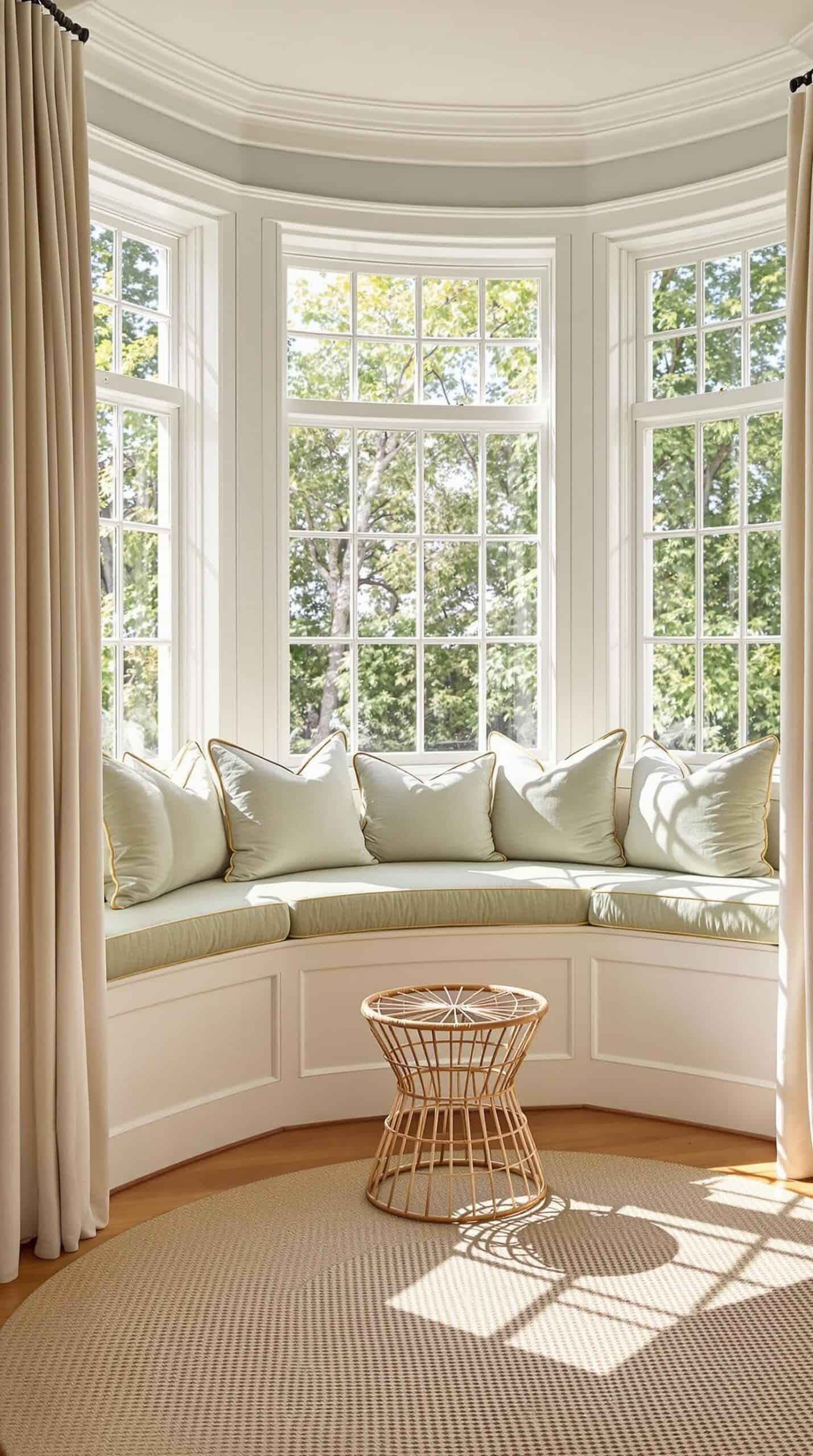 a bay window with a bench in front of it