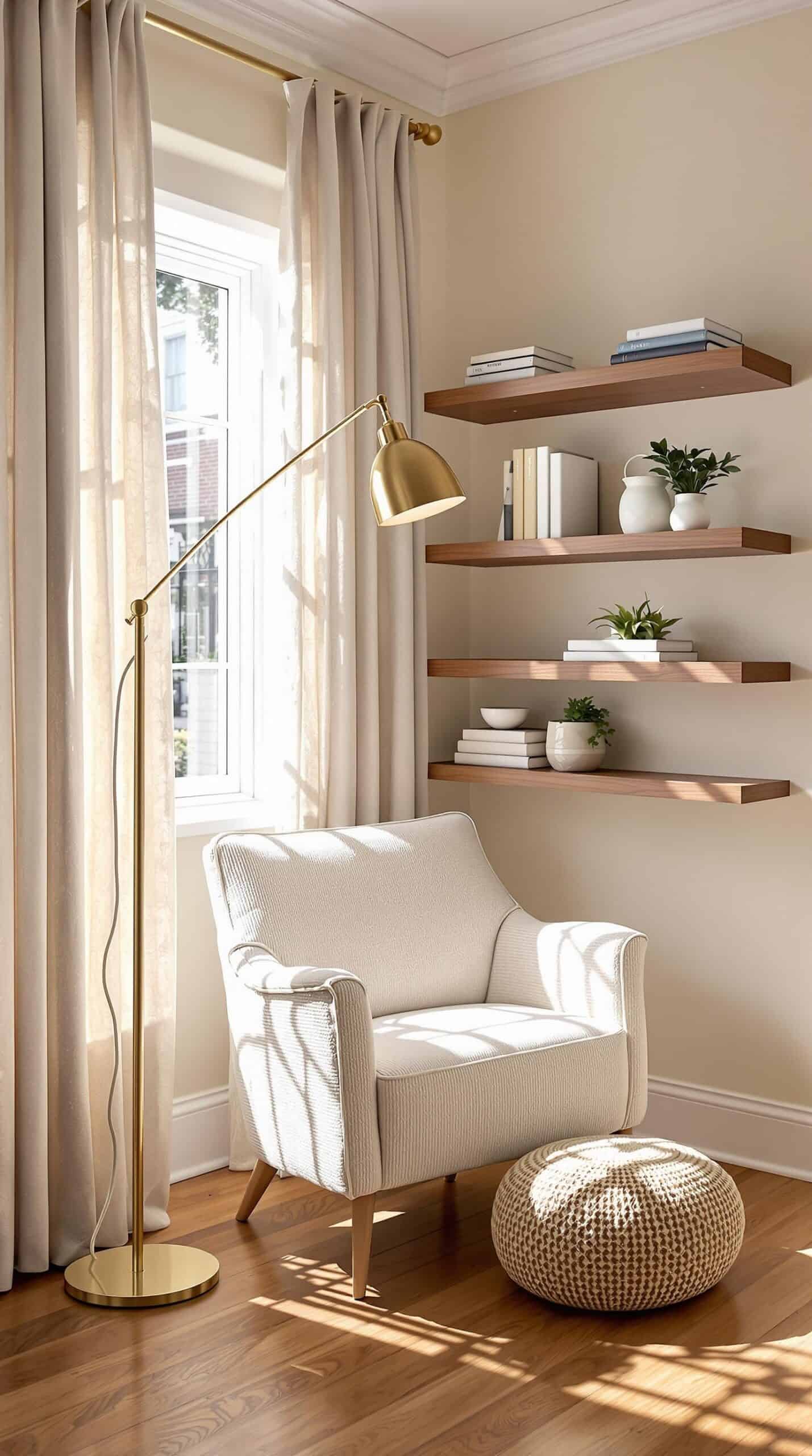 a living room with a chair and a lamp