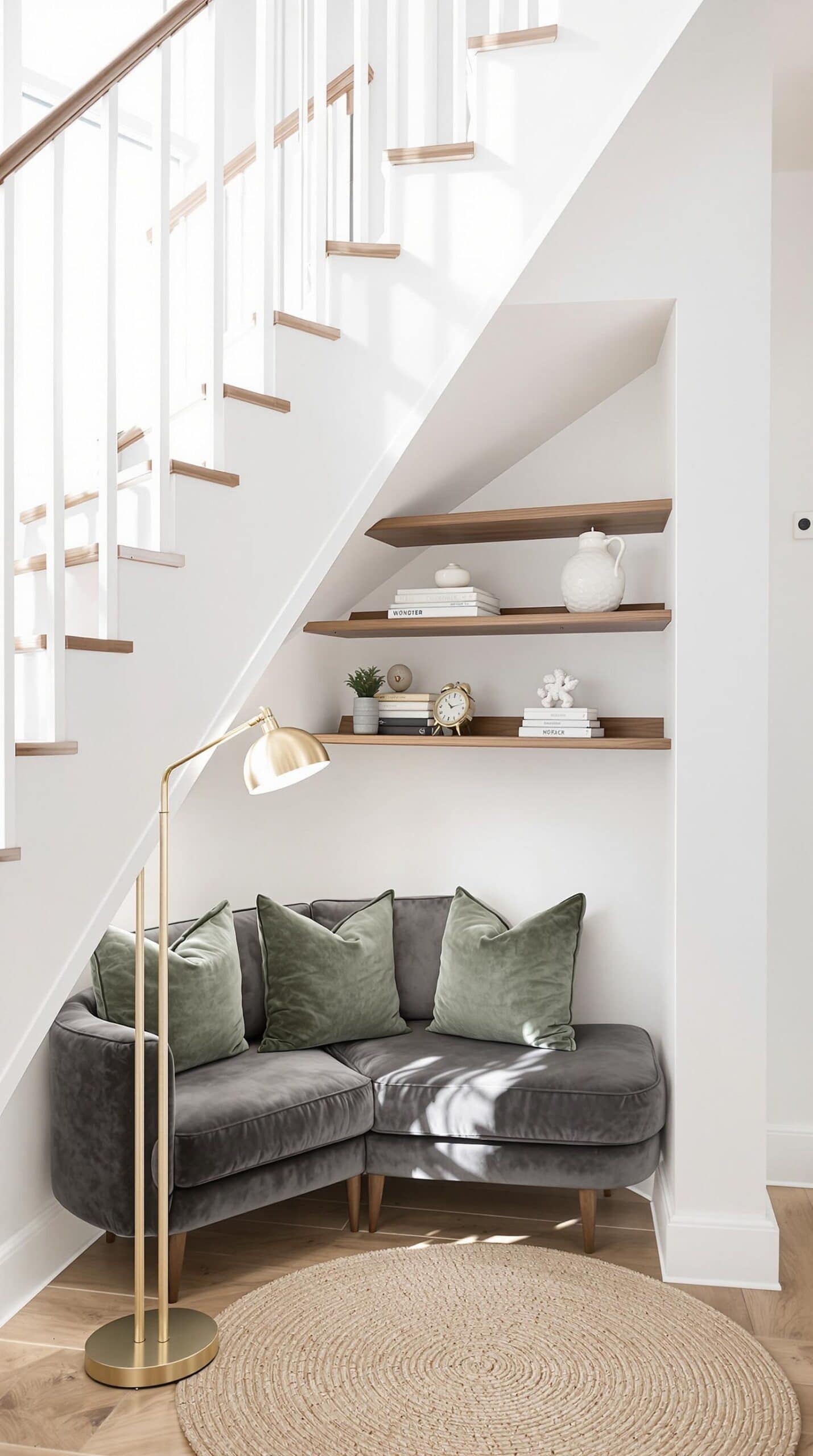 a living room with a couch and a rug