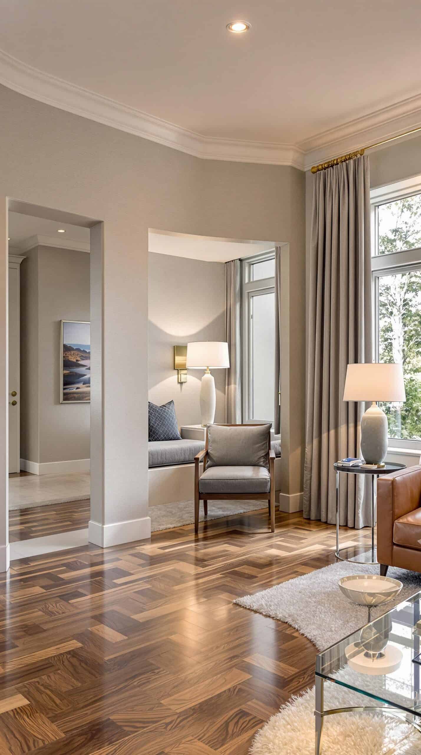 a living room filled with furniture and a large window