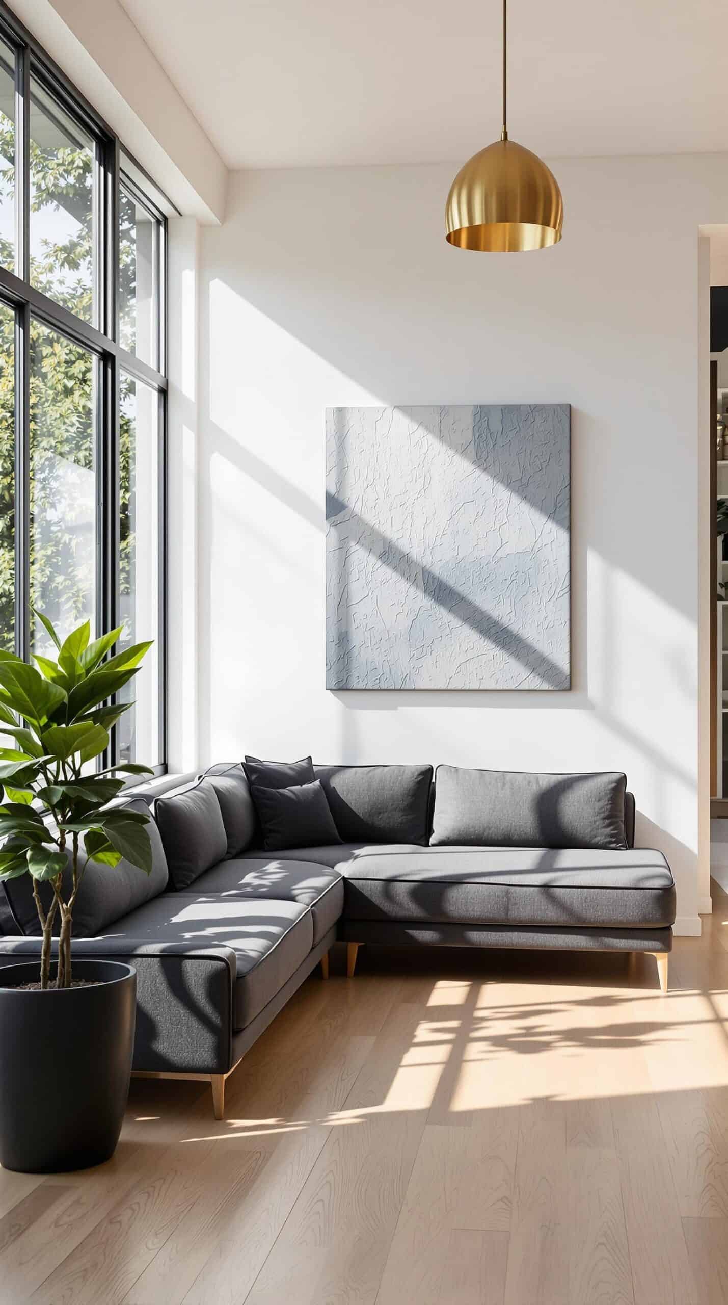a living room with a couch and a potted plant
