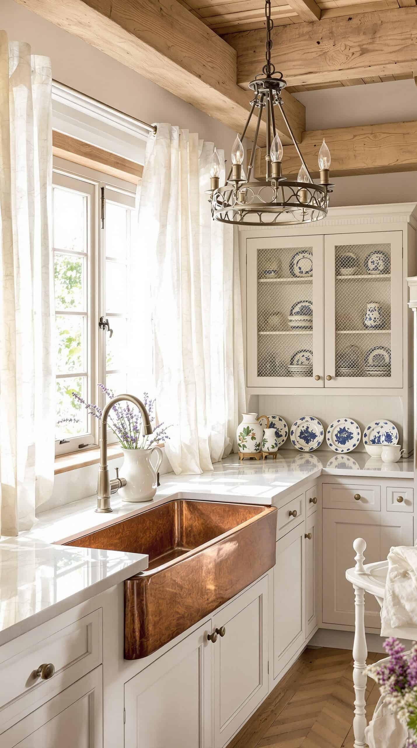 a kitchen with white cabinets and a copper sink