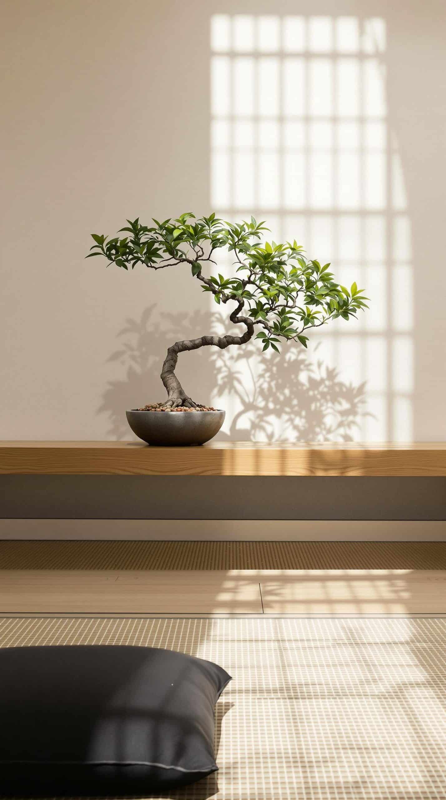 a bonsai tree sitting on top of a wooden table