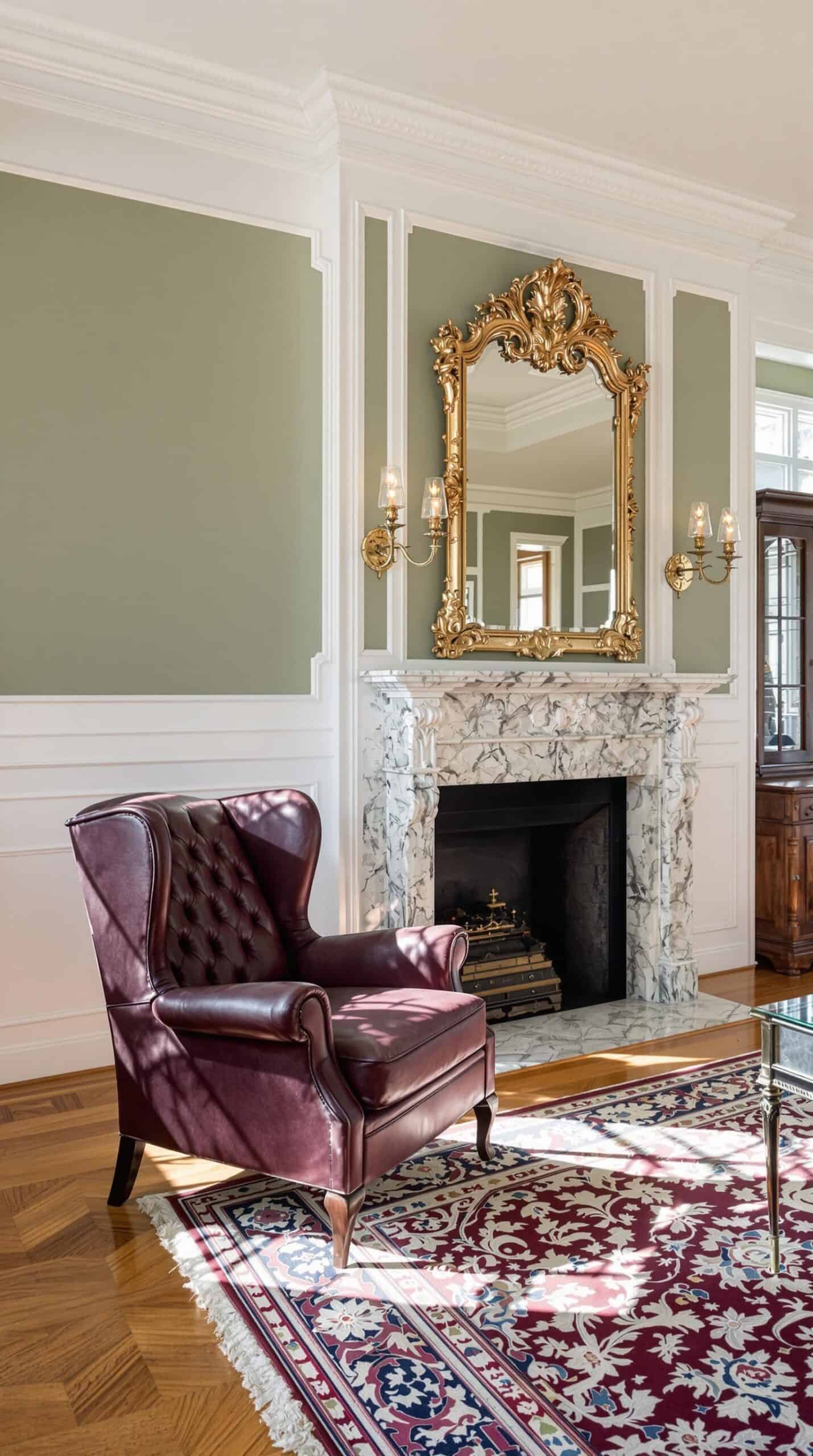a living room with a couch, chair and fireplace