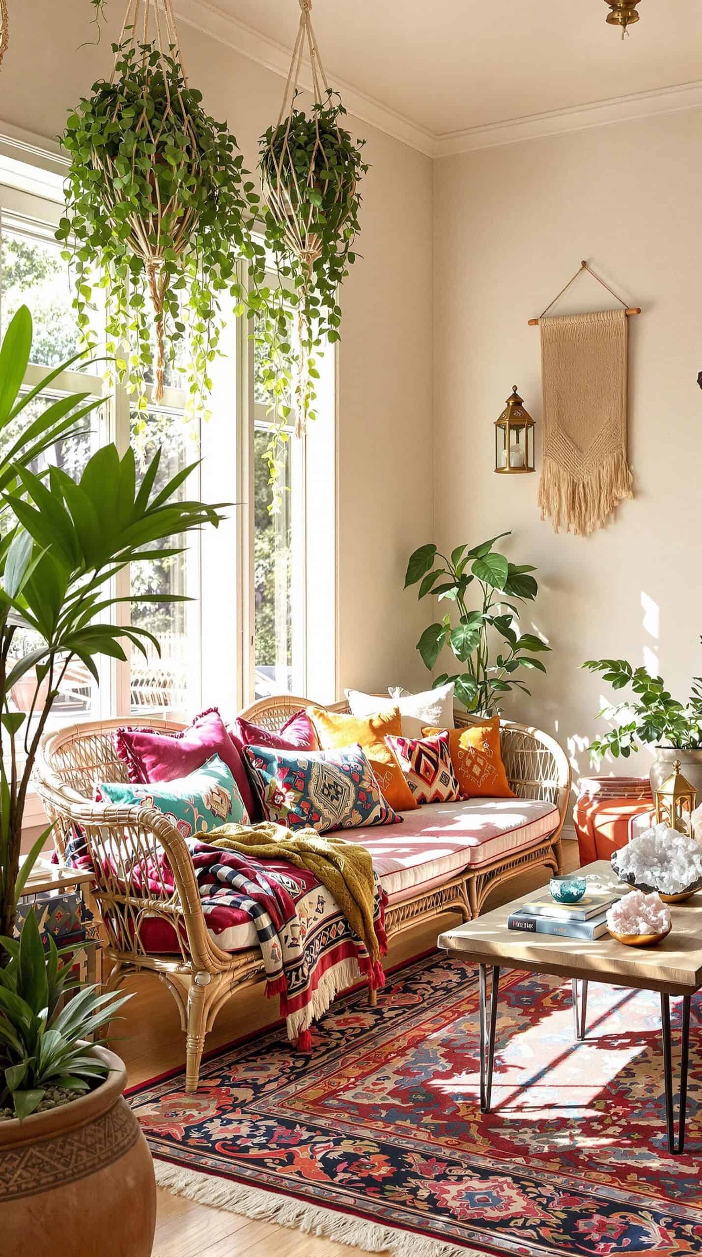 a living room filled with lots of furniture and plants