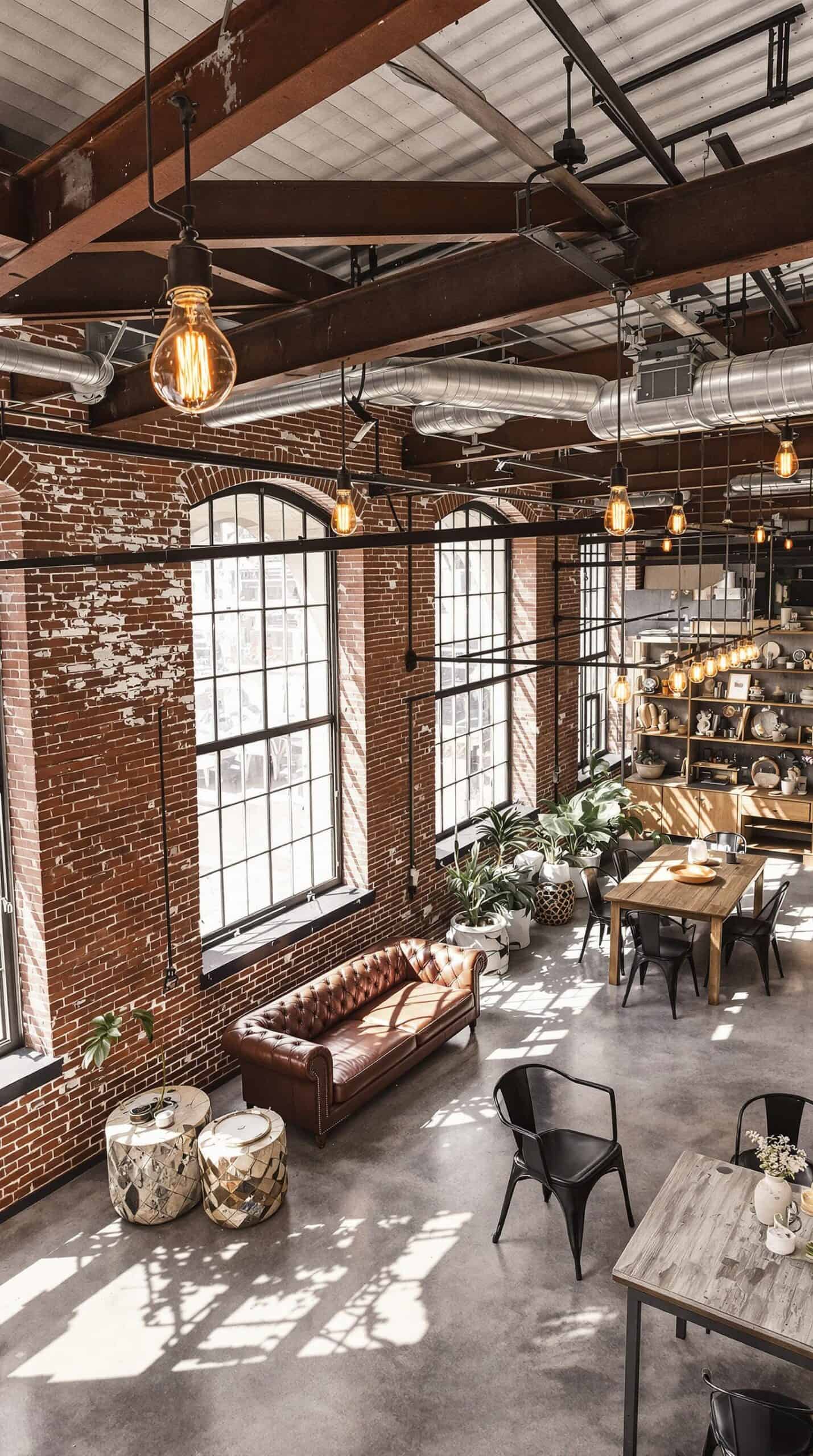 a room with a couch, tables, chairs and windows