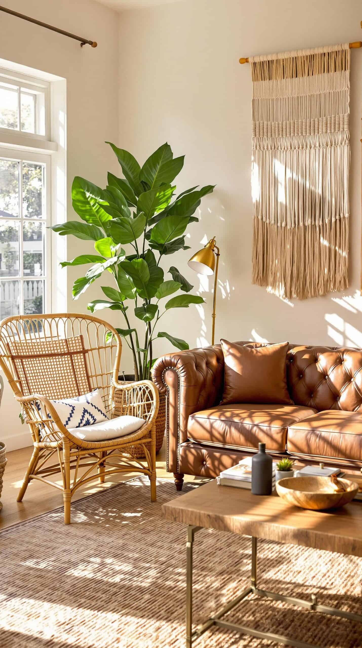 a living room filled with furniture and a large plant