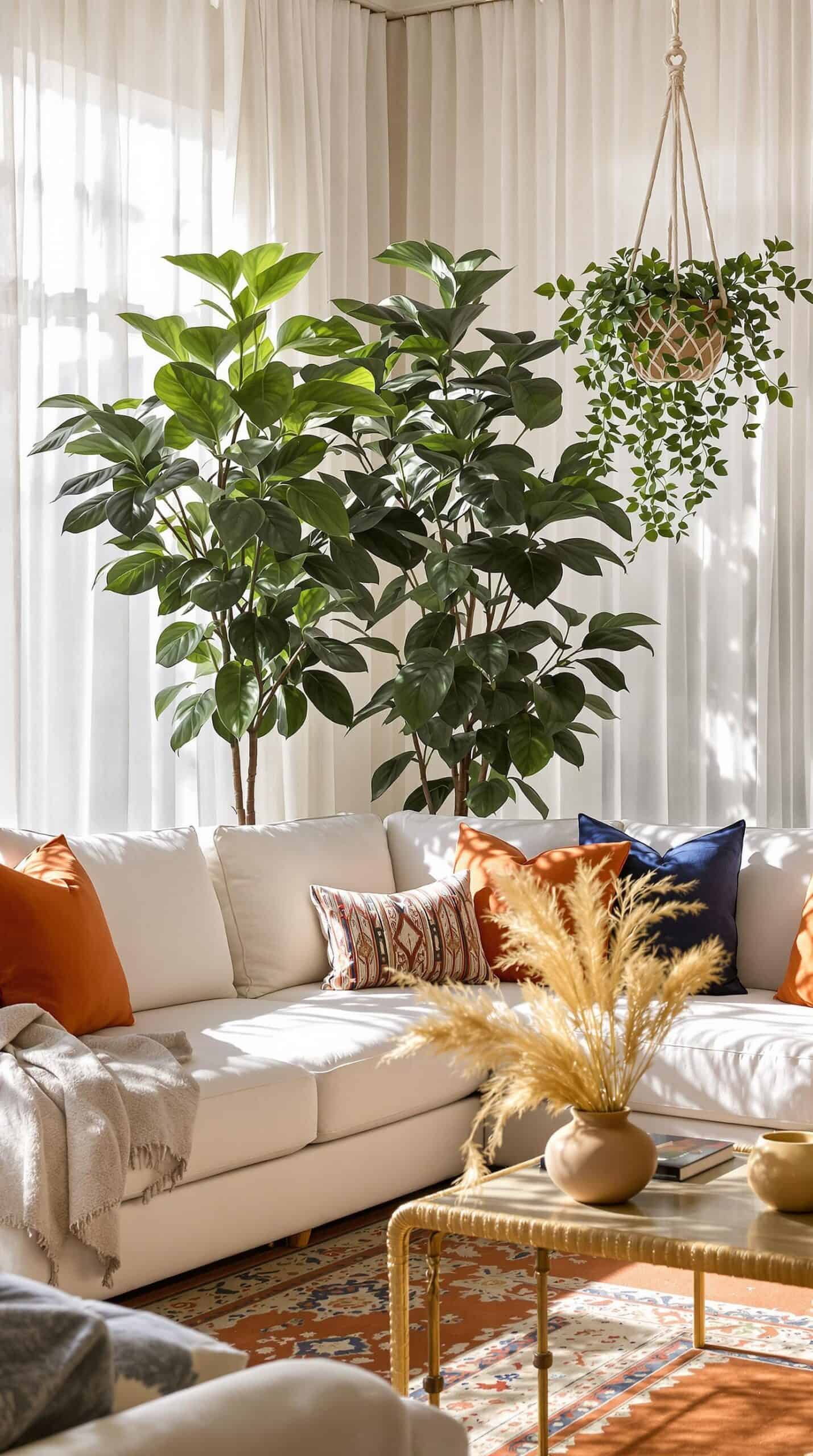 a living room filled with furniture and a potted plant