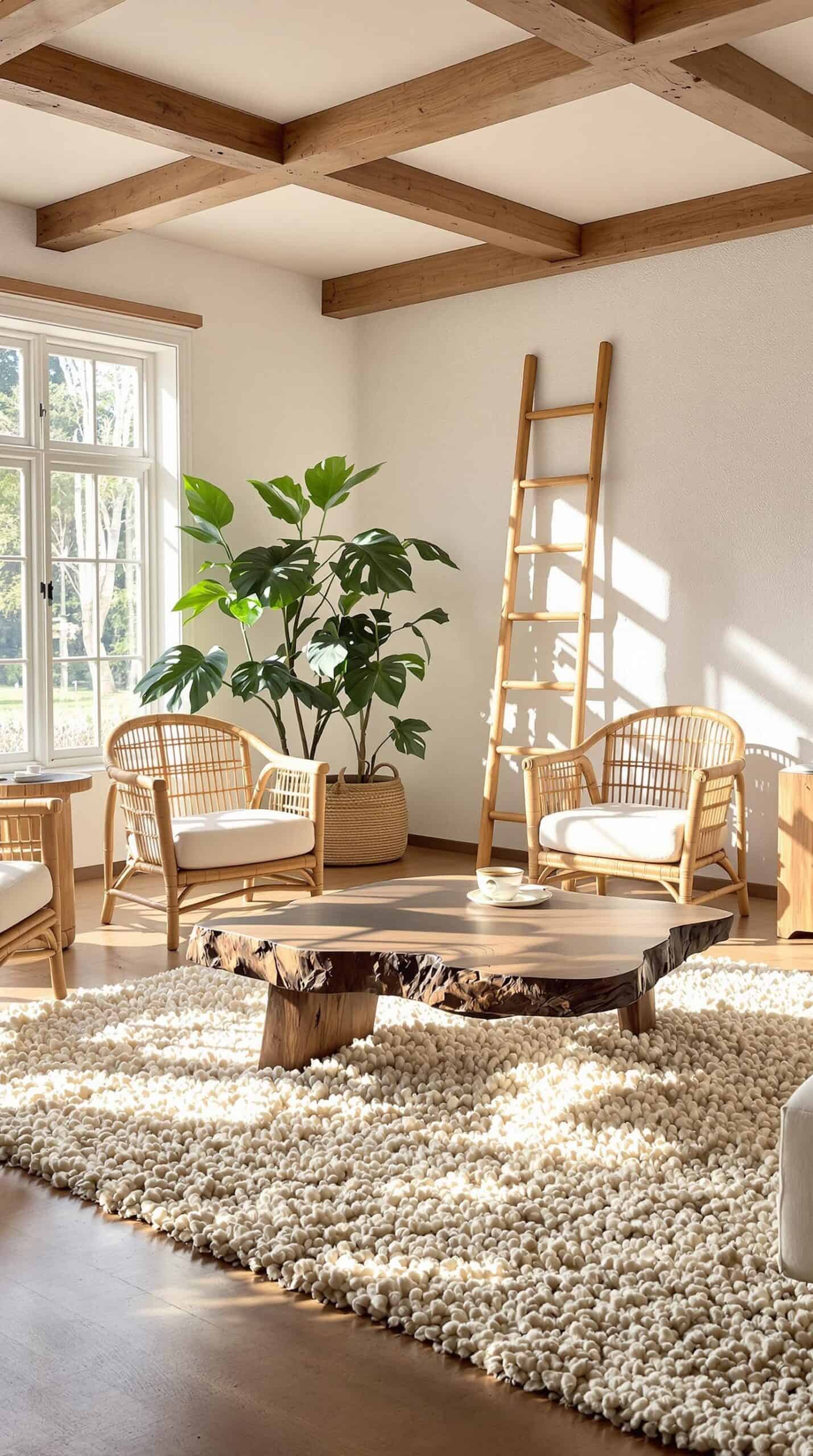a living room filled with furniture and a ladder
