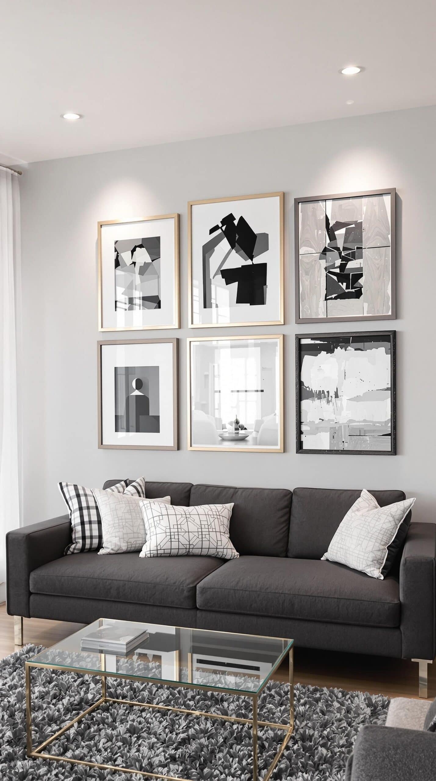 a living room filled with furniture and pictures on the wall