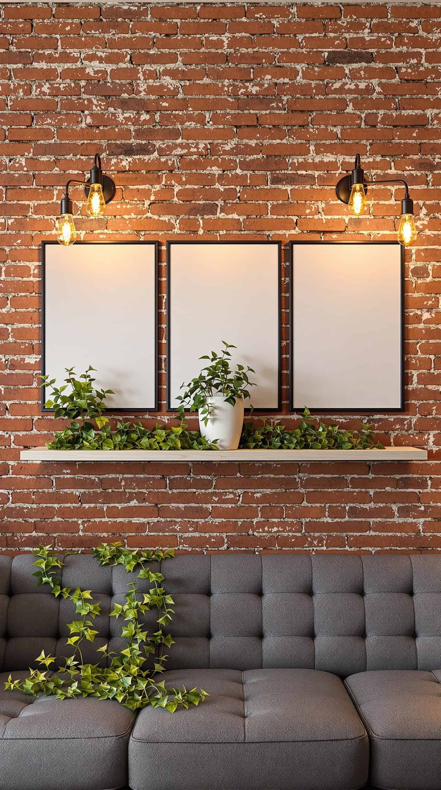 a living room with a couch and a brick wall