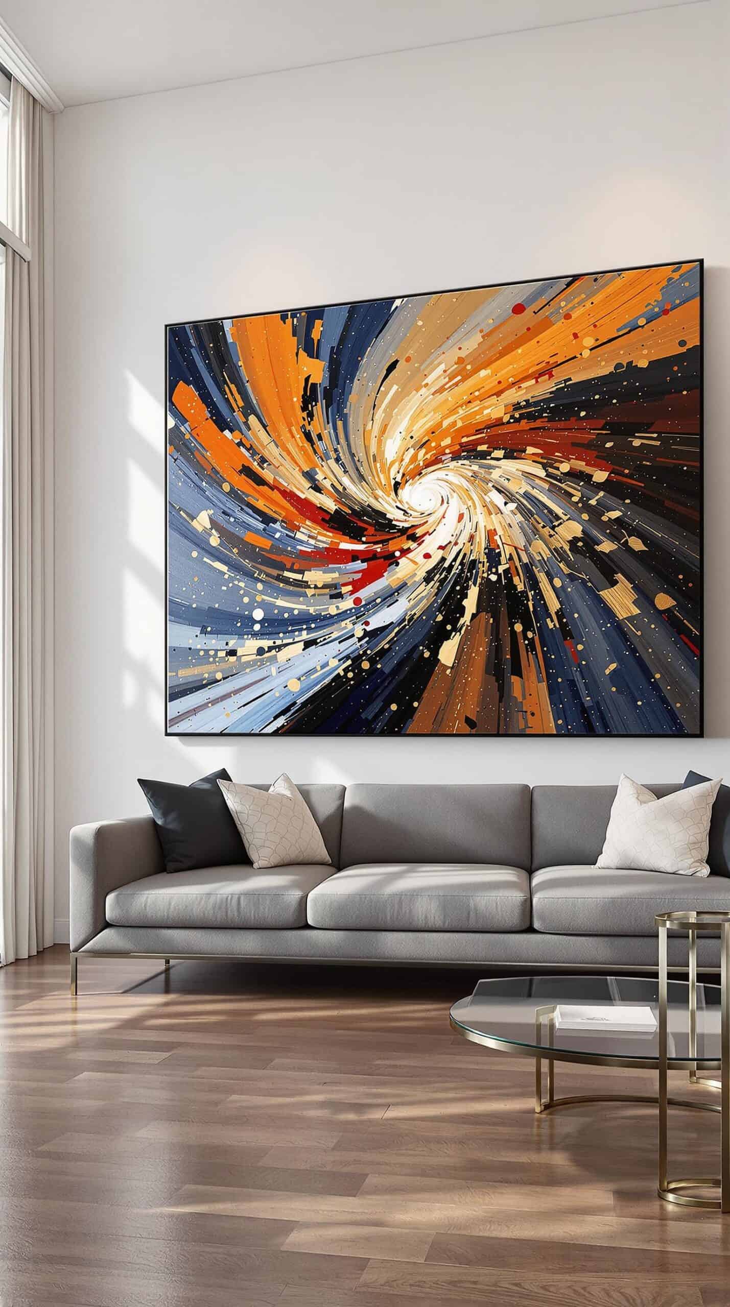 a living room with a couch and a painting on the wall