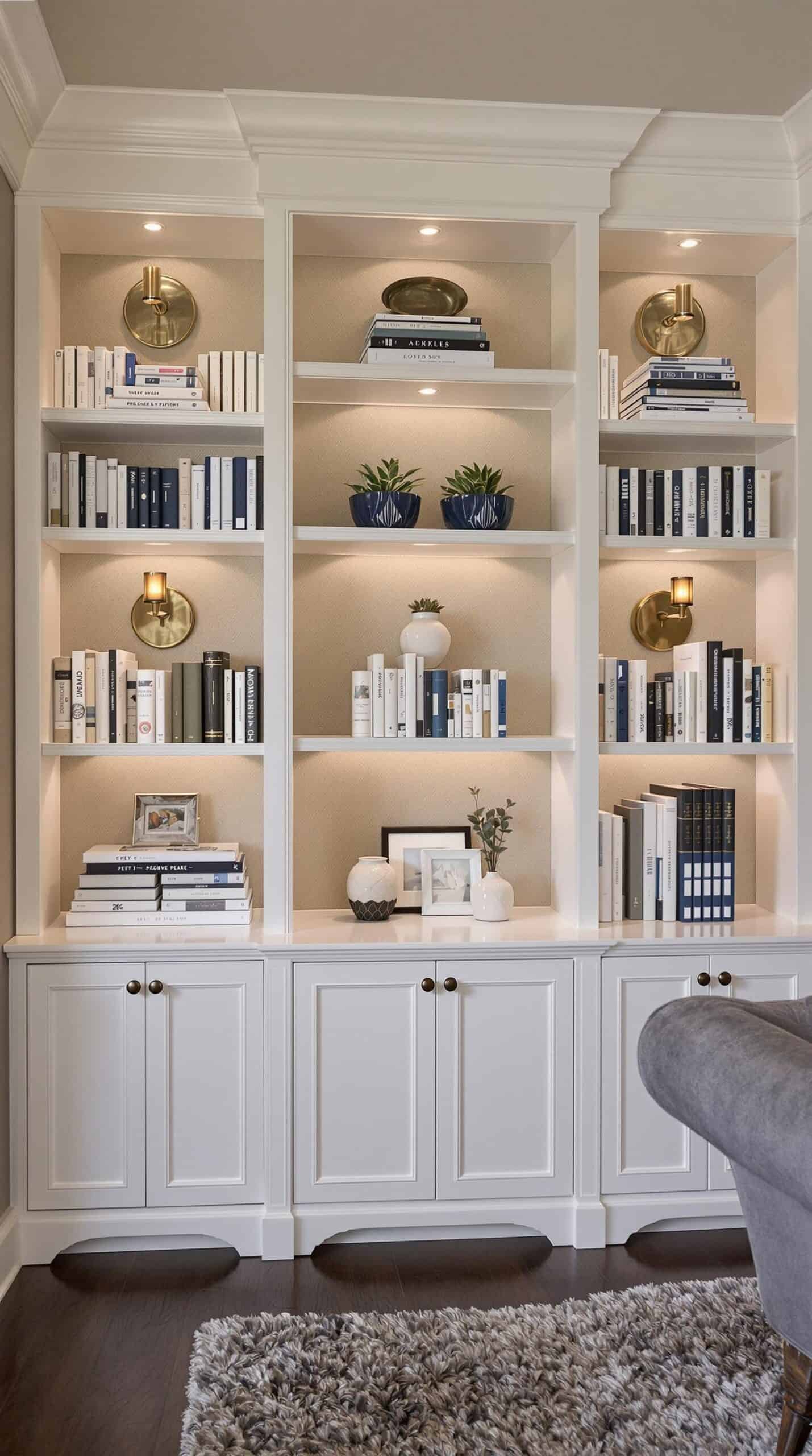 a living room with a lot of books on the shelves