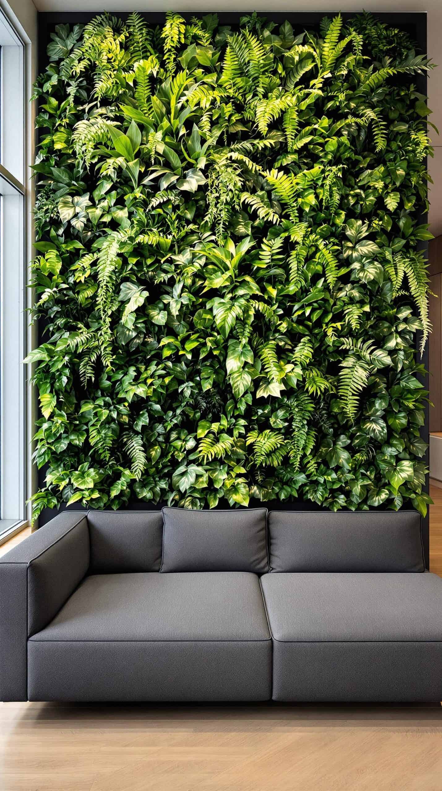 a living room with a couch and a green wall