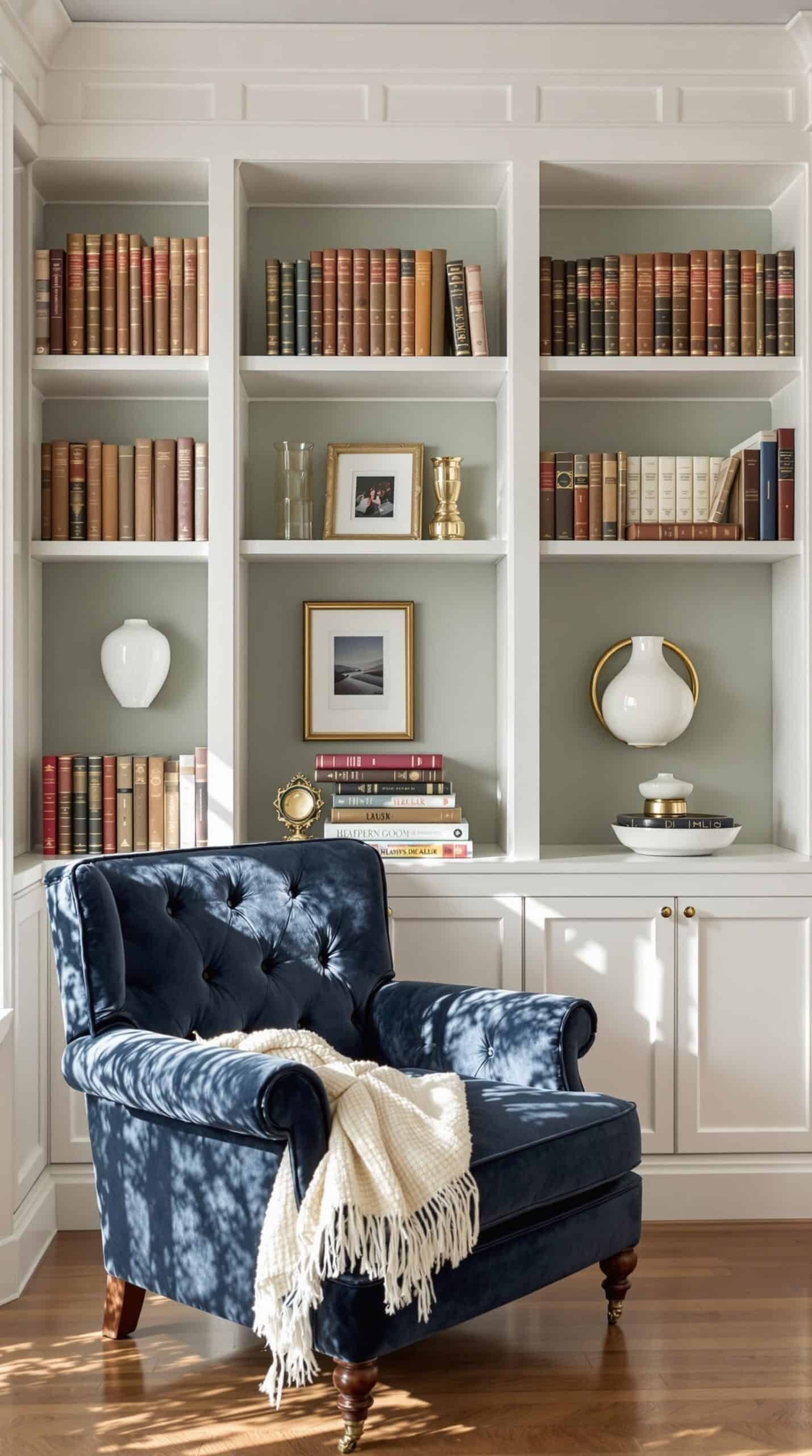 a blue chair sitting in front of a bookshelf