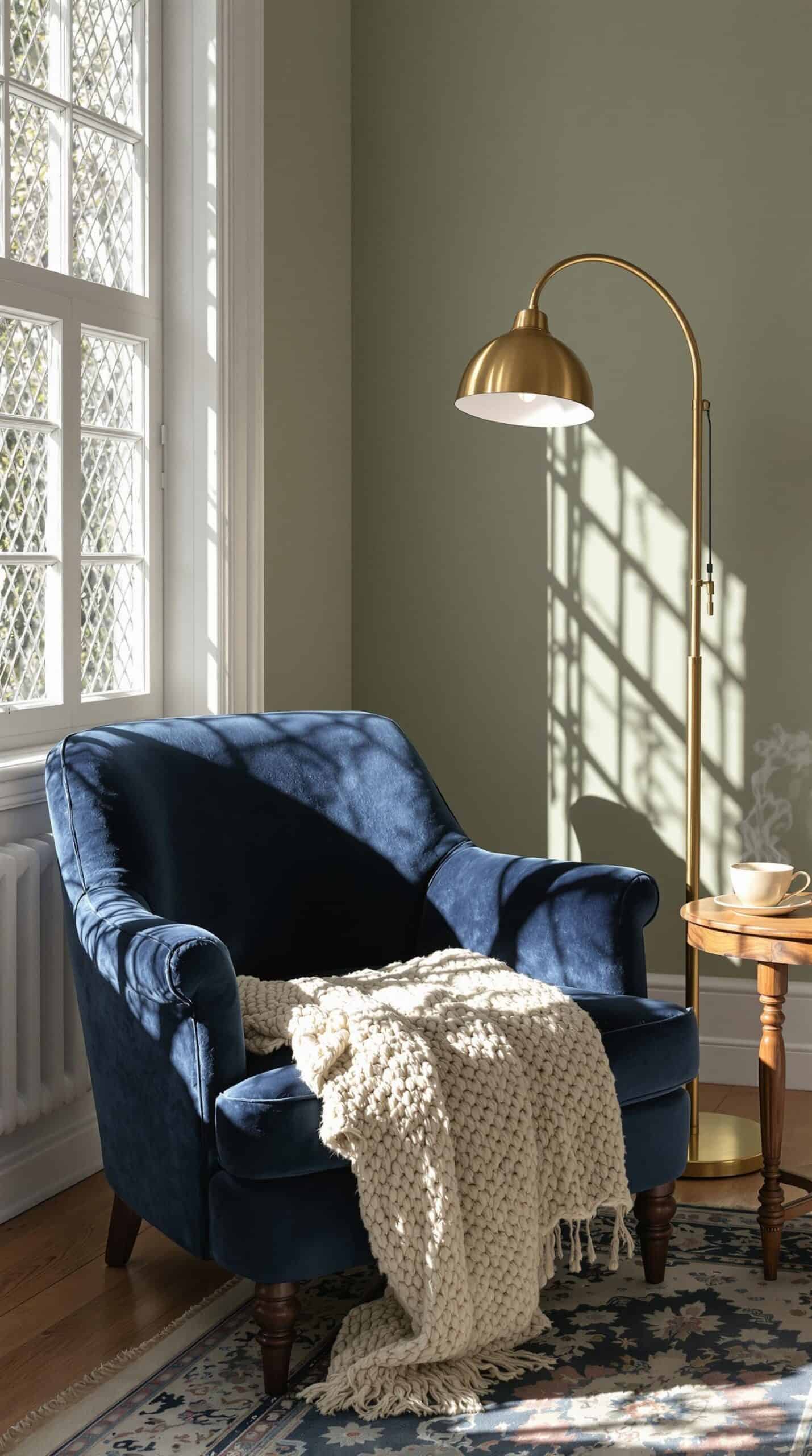 a living room with a blue chair and a rug