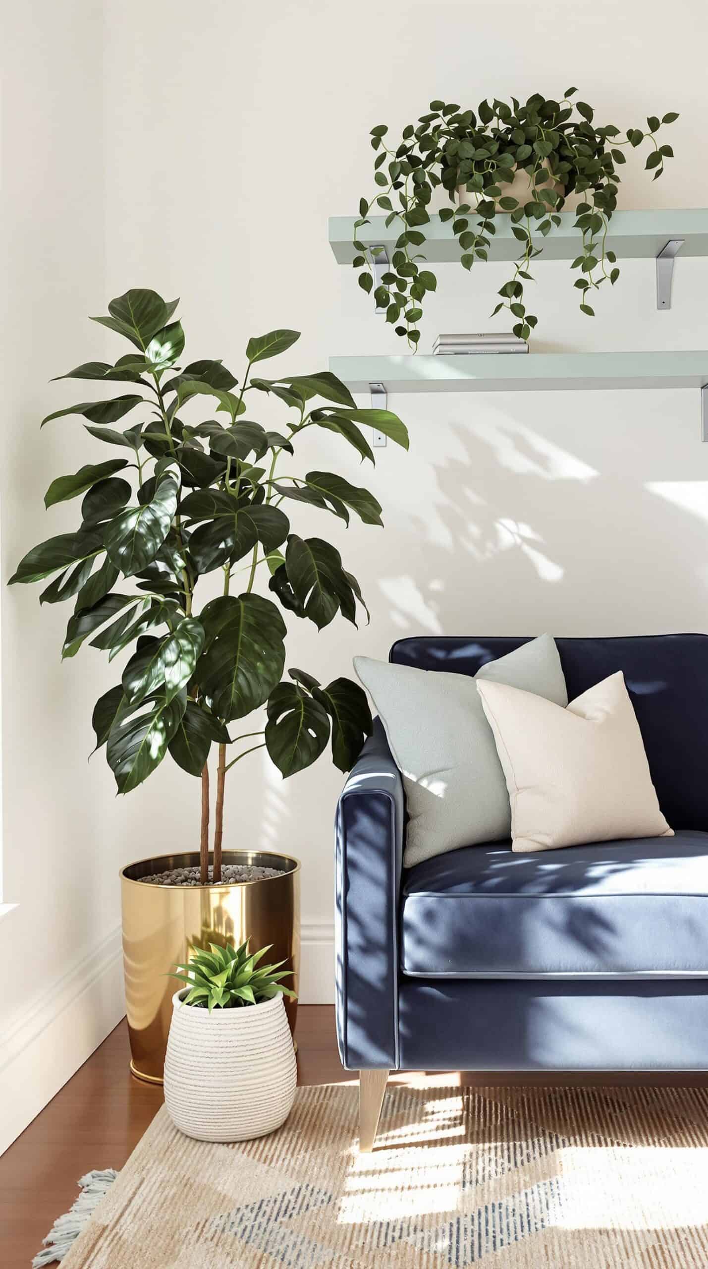 a living room with a blue couch and a potted plant