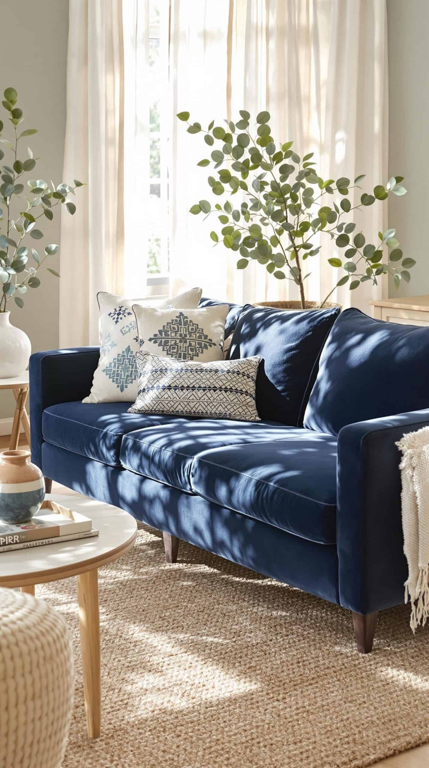 a living room with a blue couch and a coffee table