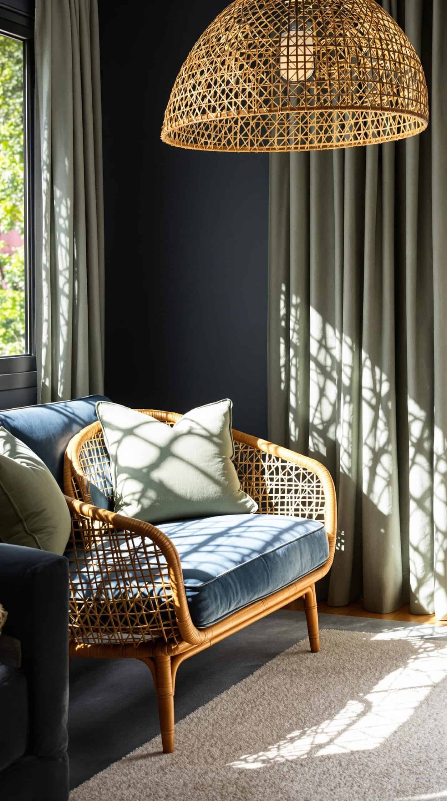 a living room with a chair and a lamp