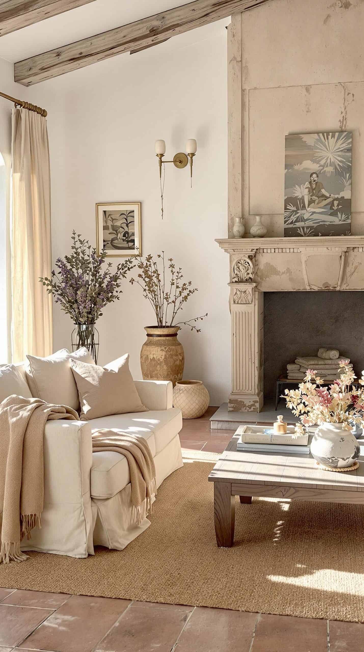 a living room filled with furniture and a fire place