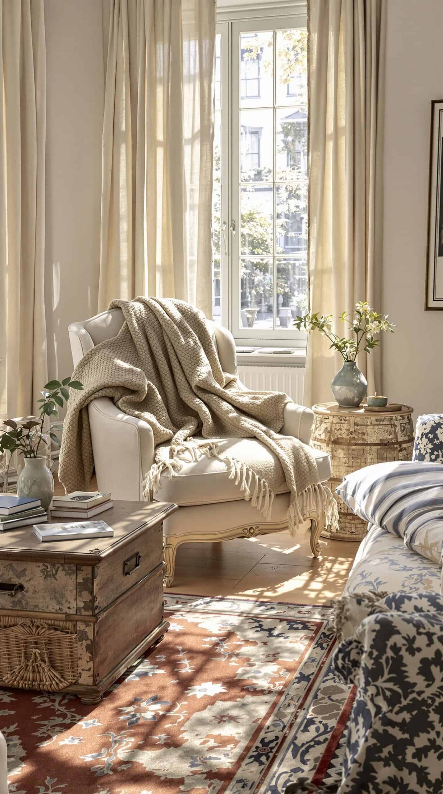 a living room filled with furniture and a large window