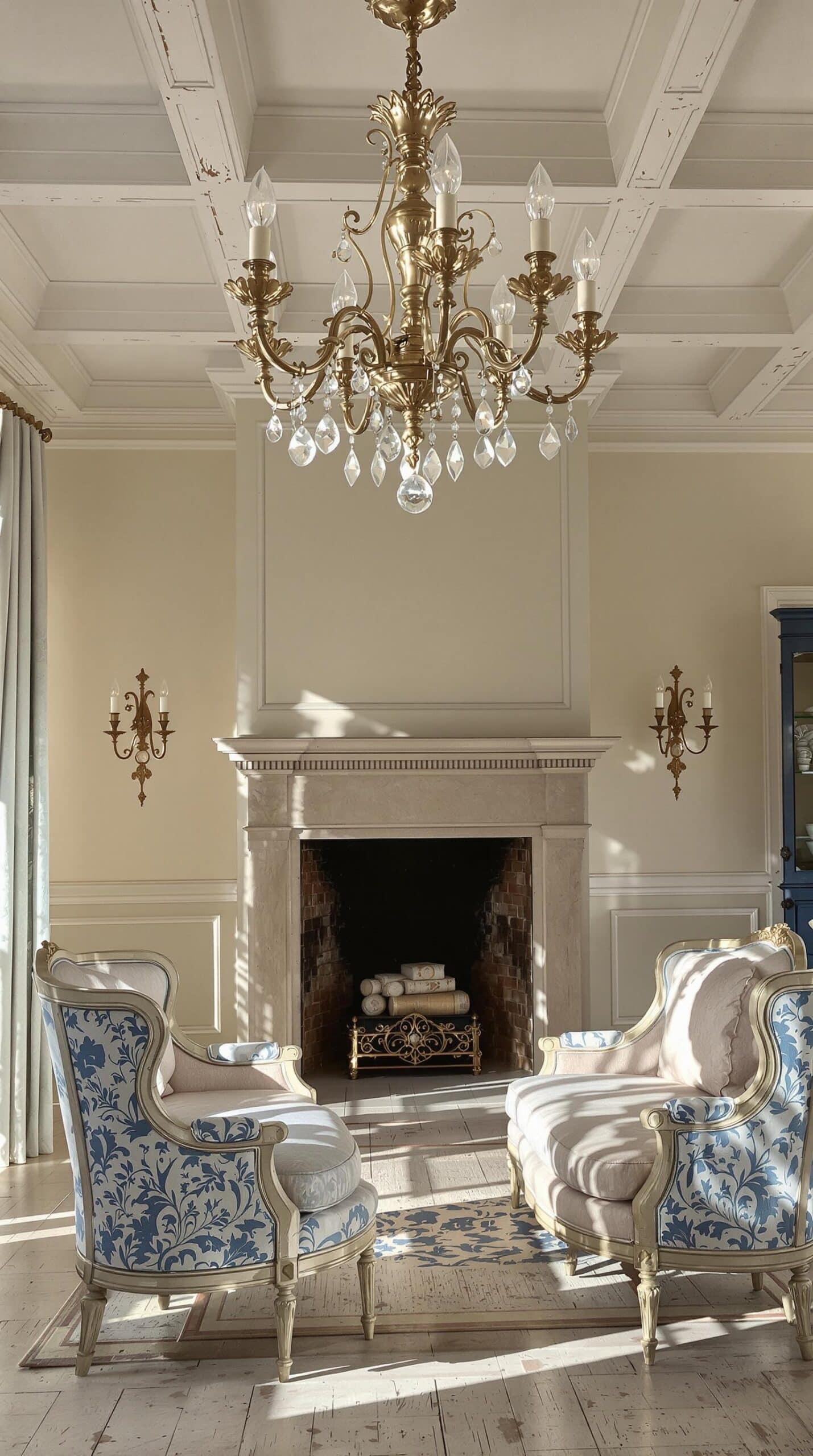 a living room with a fire place and a chandelier