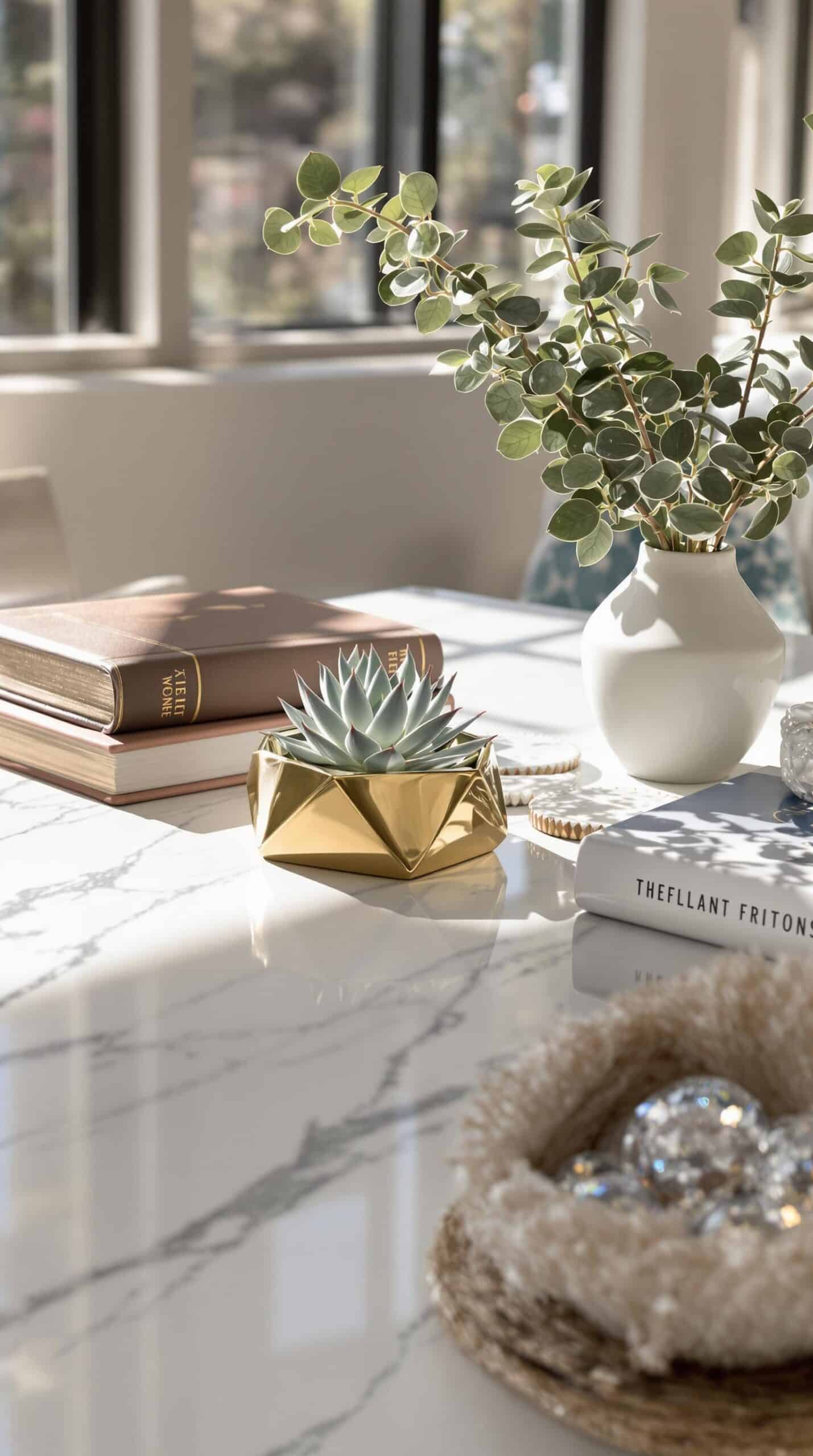 a table topped with books and a vase filled with a plant