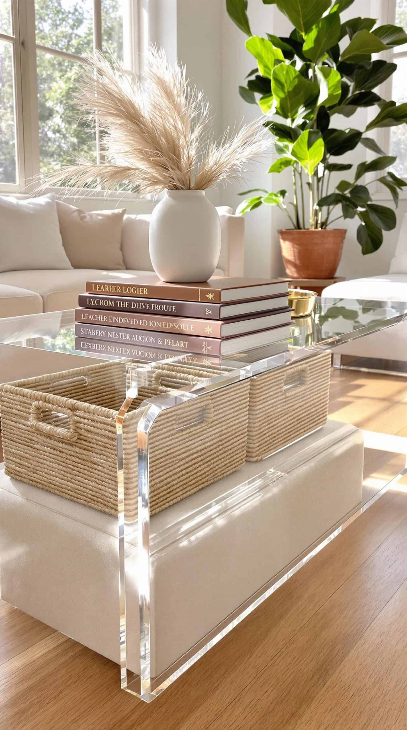 a living room with a couch, coffee table and a plant