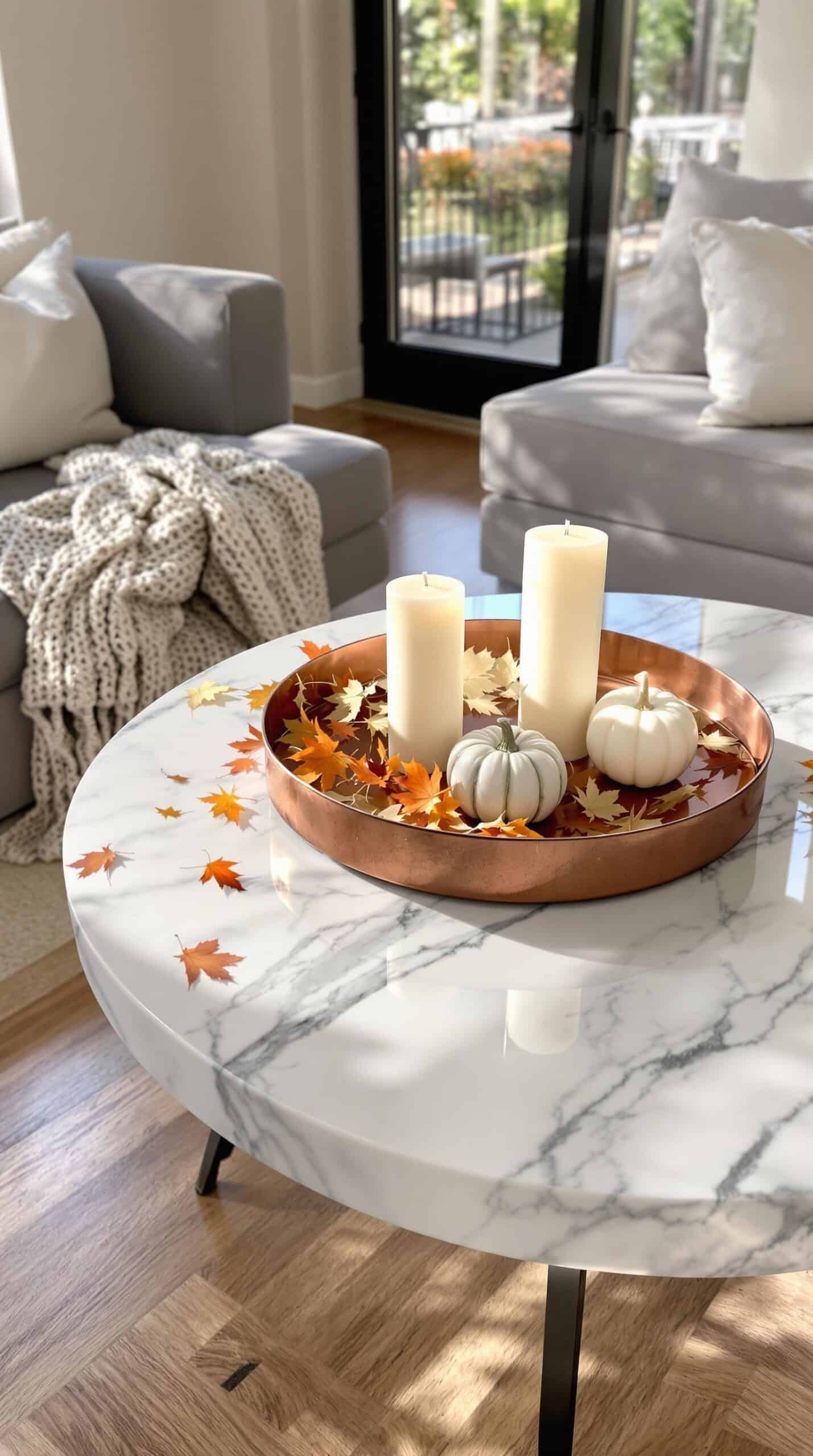 a marble coffee table with candles on it