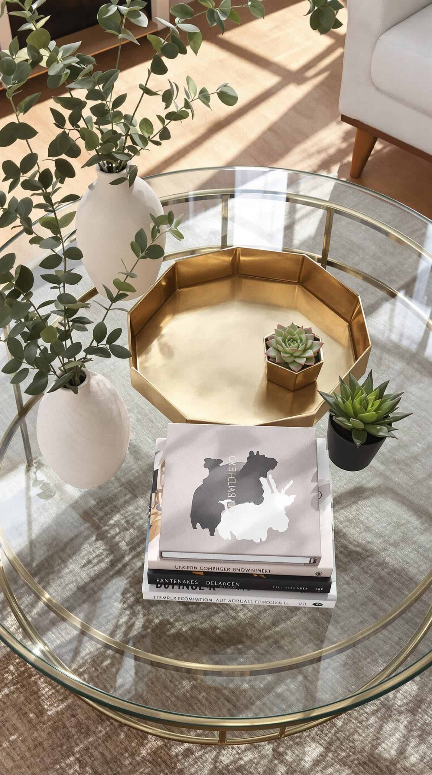 a glass table with a book and a potted plant