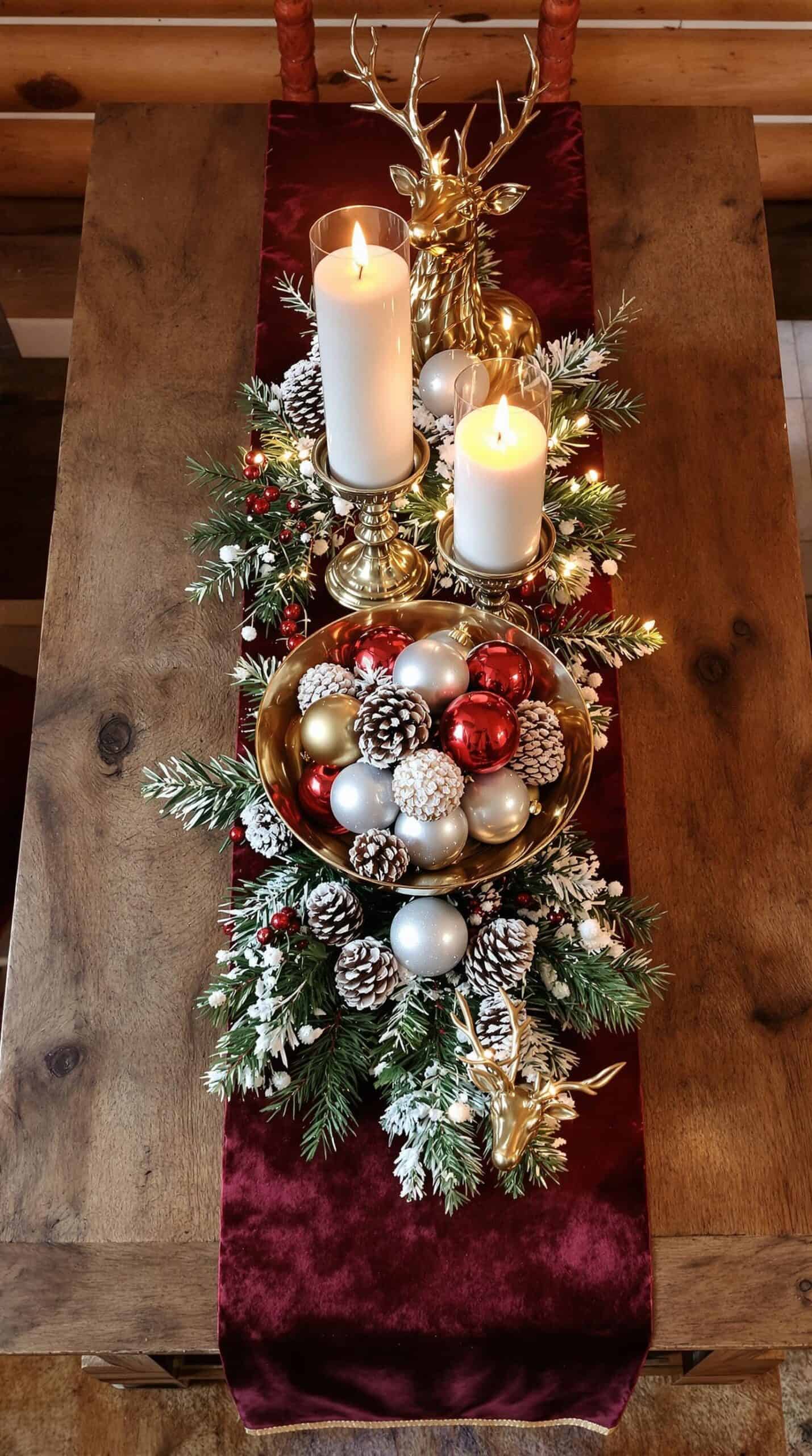 a christmas table runner with candles and ornaments