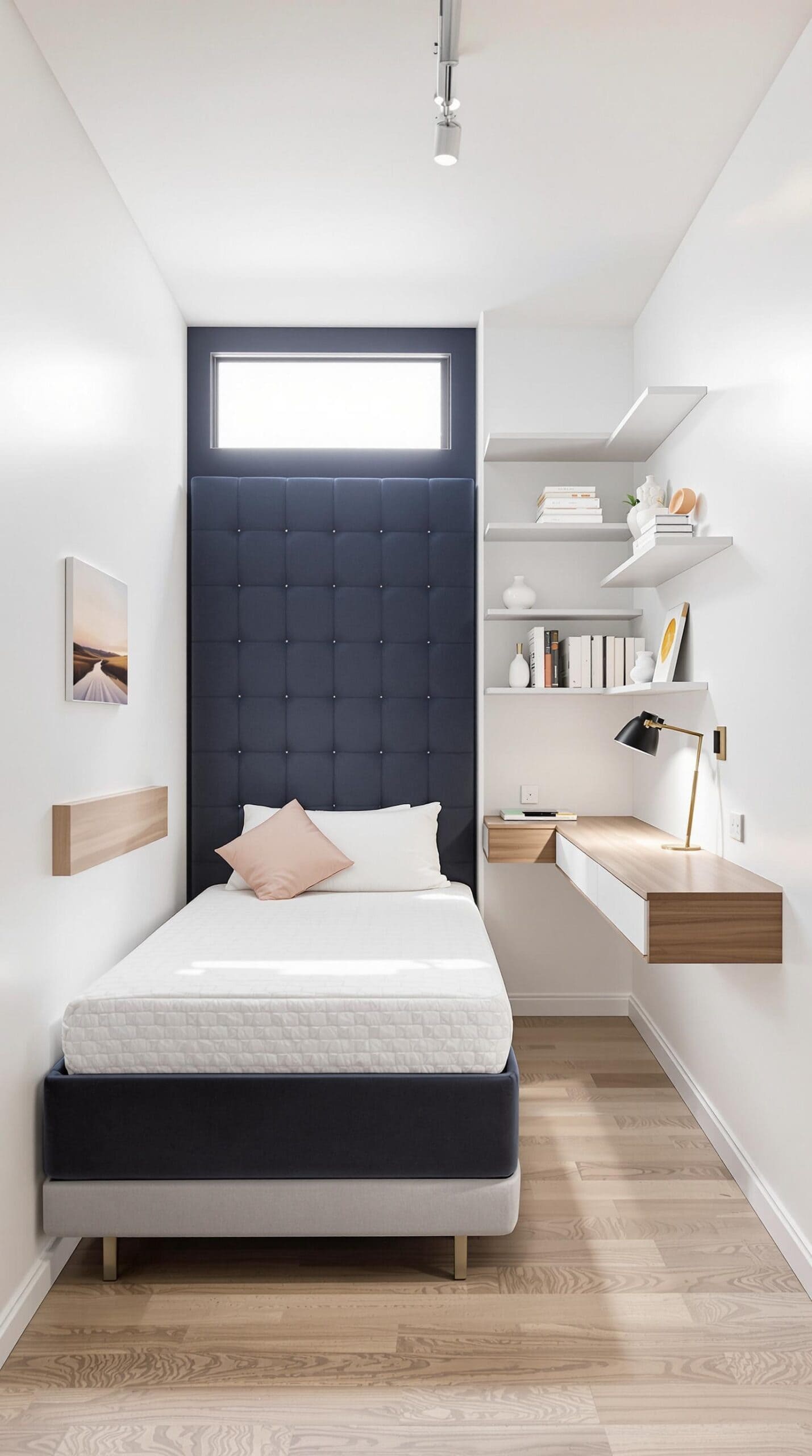 a bedroom with a bed, shelves and a window