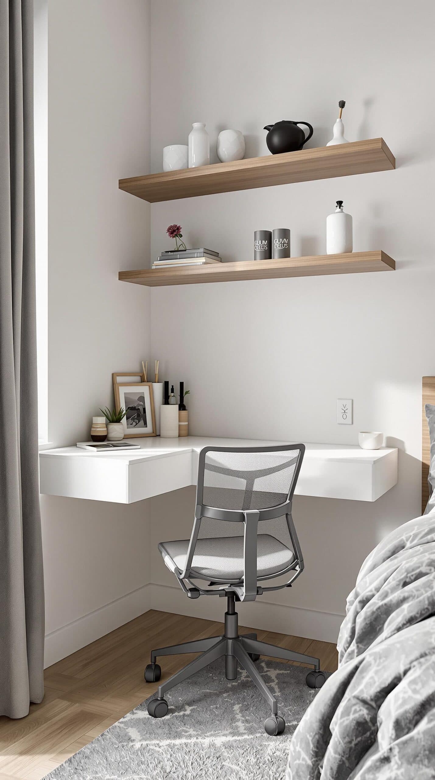 a chair sits in front of a white desk