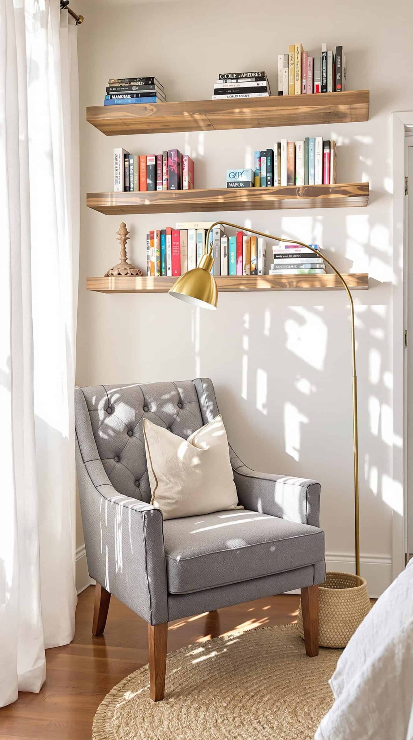 a chair in front of a book shelf with books on it