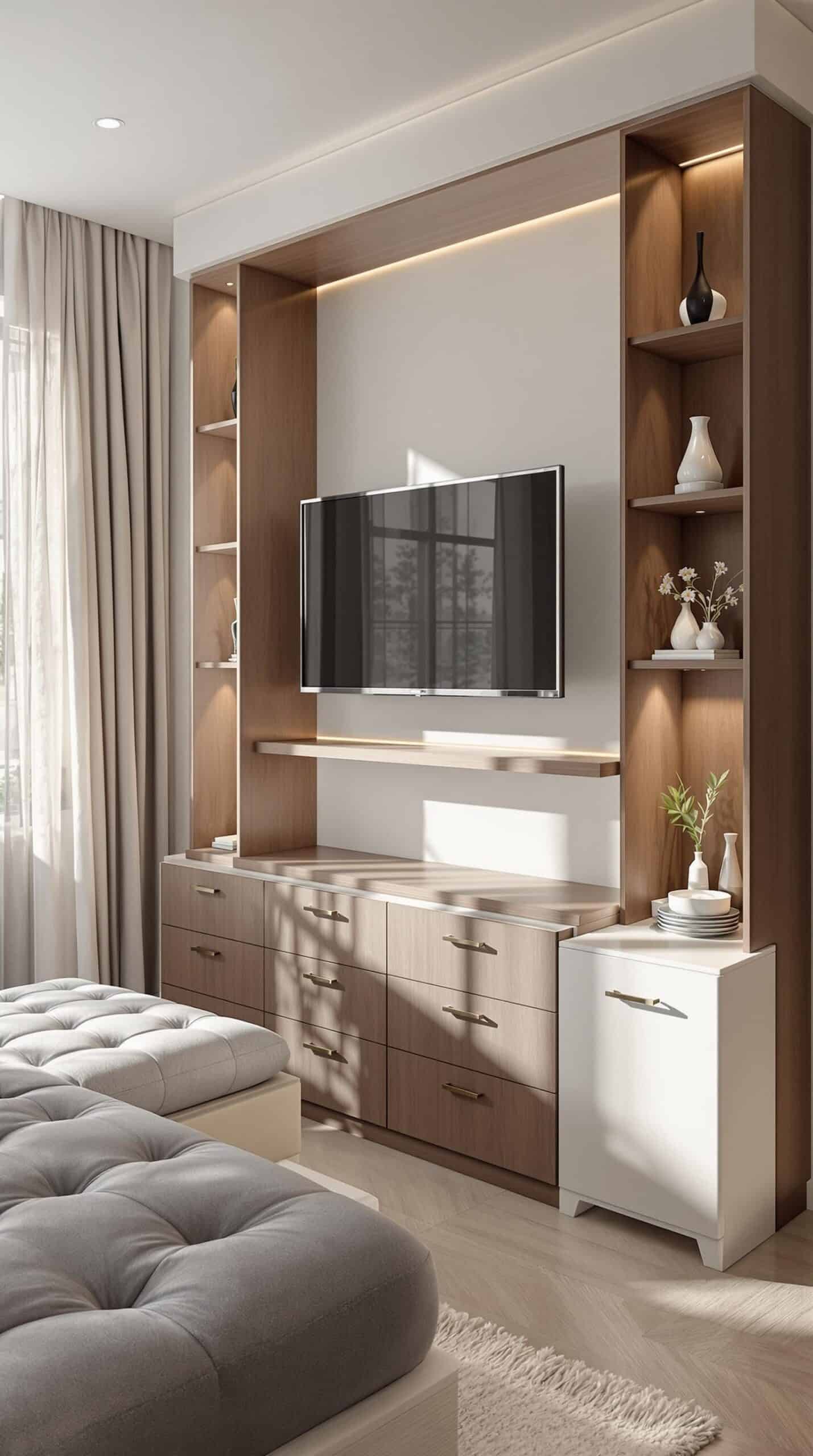 a living room with a large tv mounted on the wall