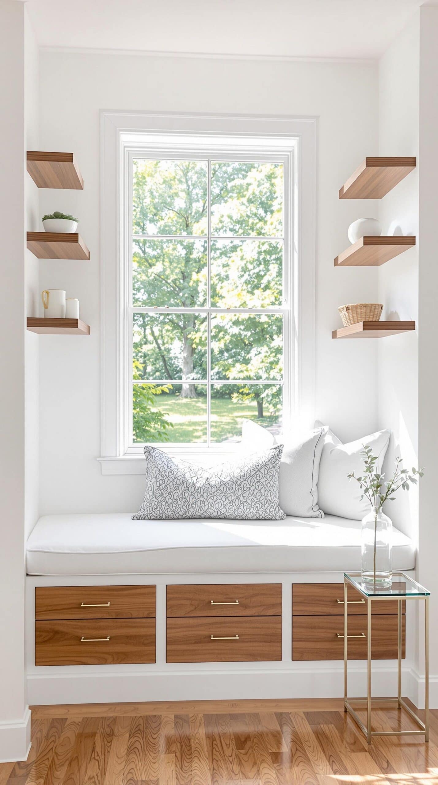 a window seat in a room with wooden shelves