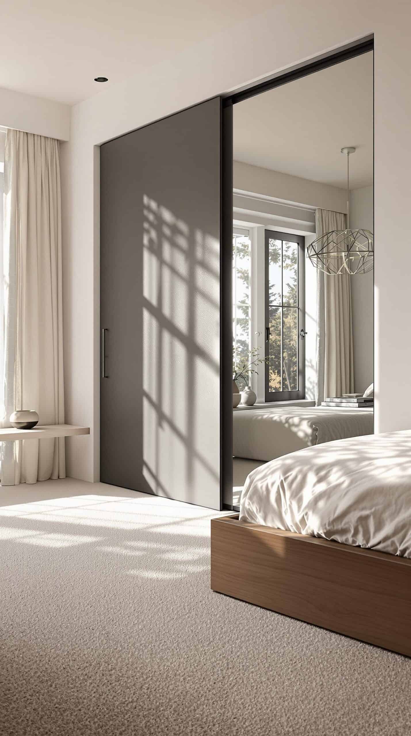 a bedroom with a large mirror on the wall