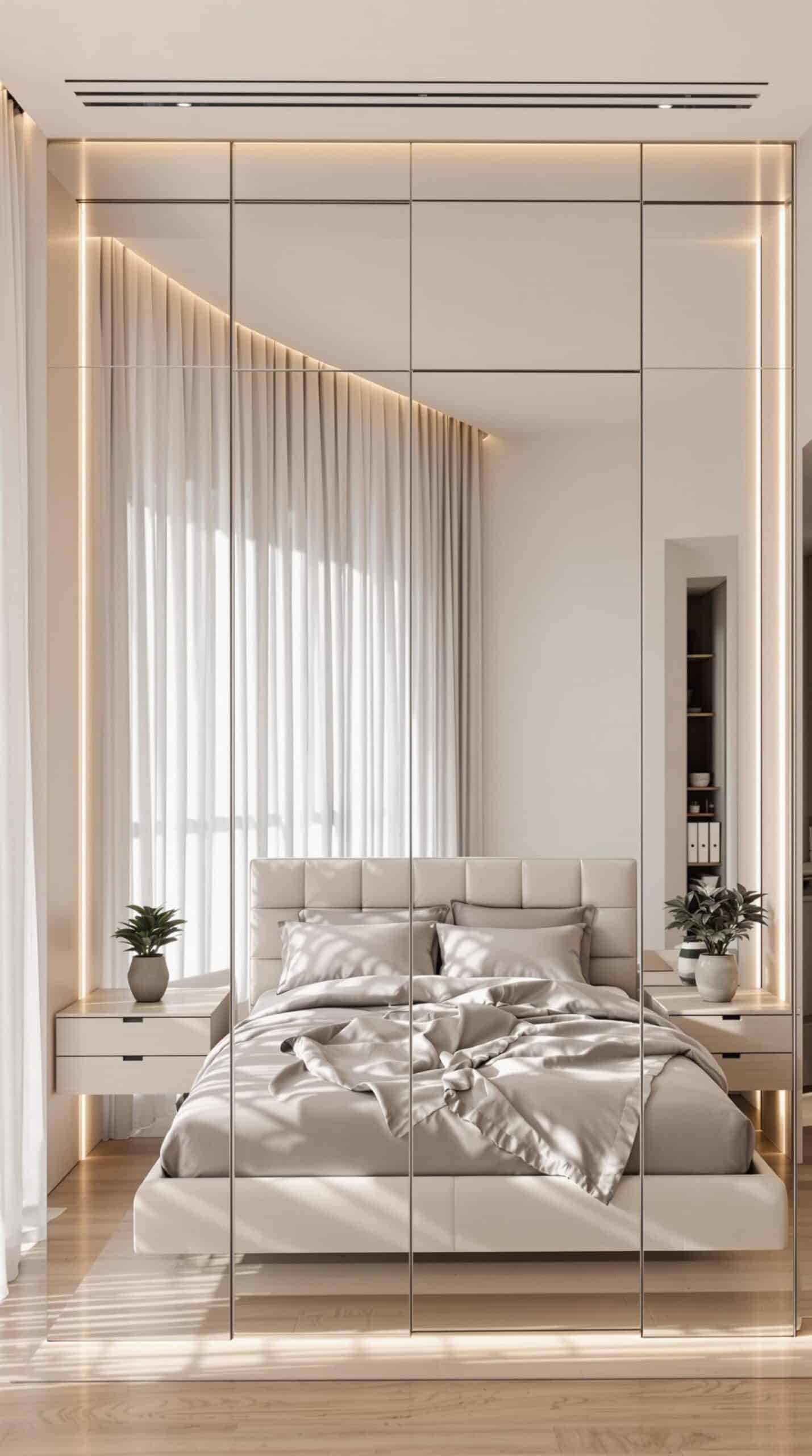 a bedroom with mirrored walls and a bed