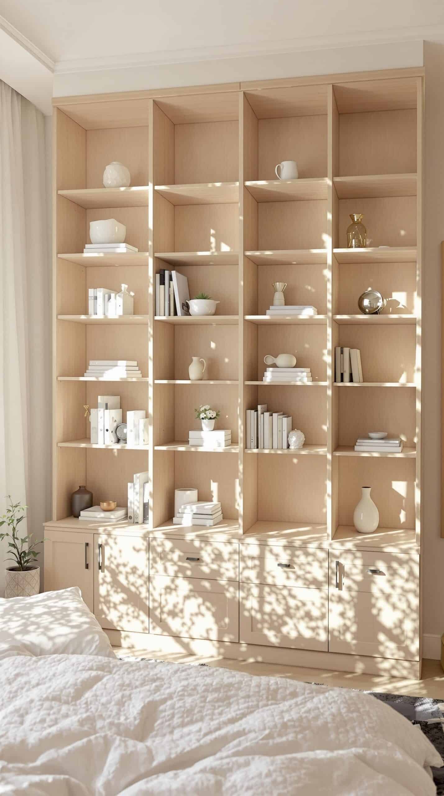 a bedroom with a bed and a book shelf