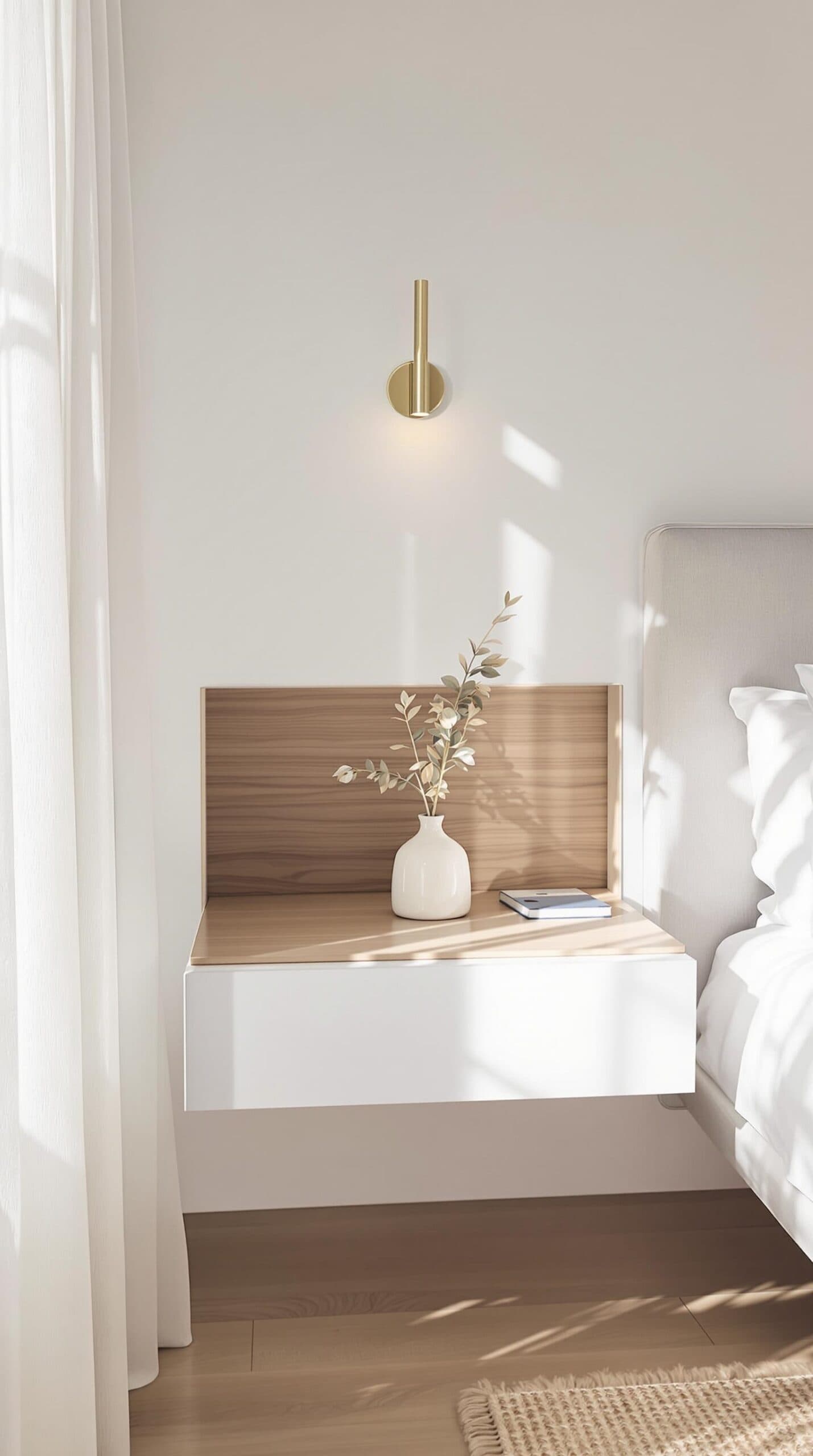 a white bed with a wooden headboard and white sheets