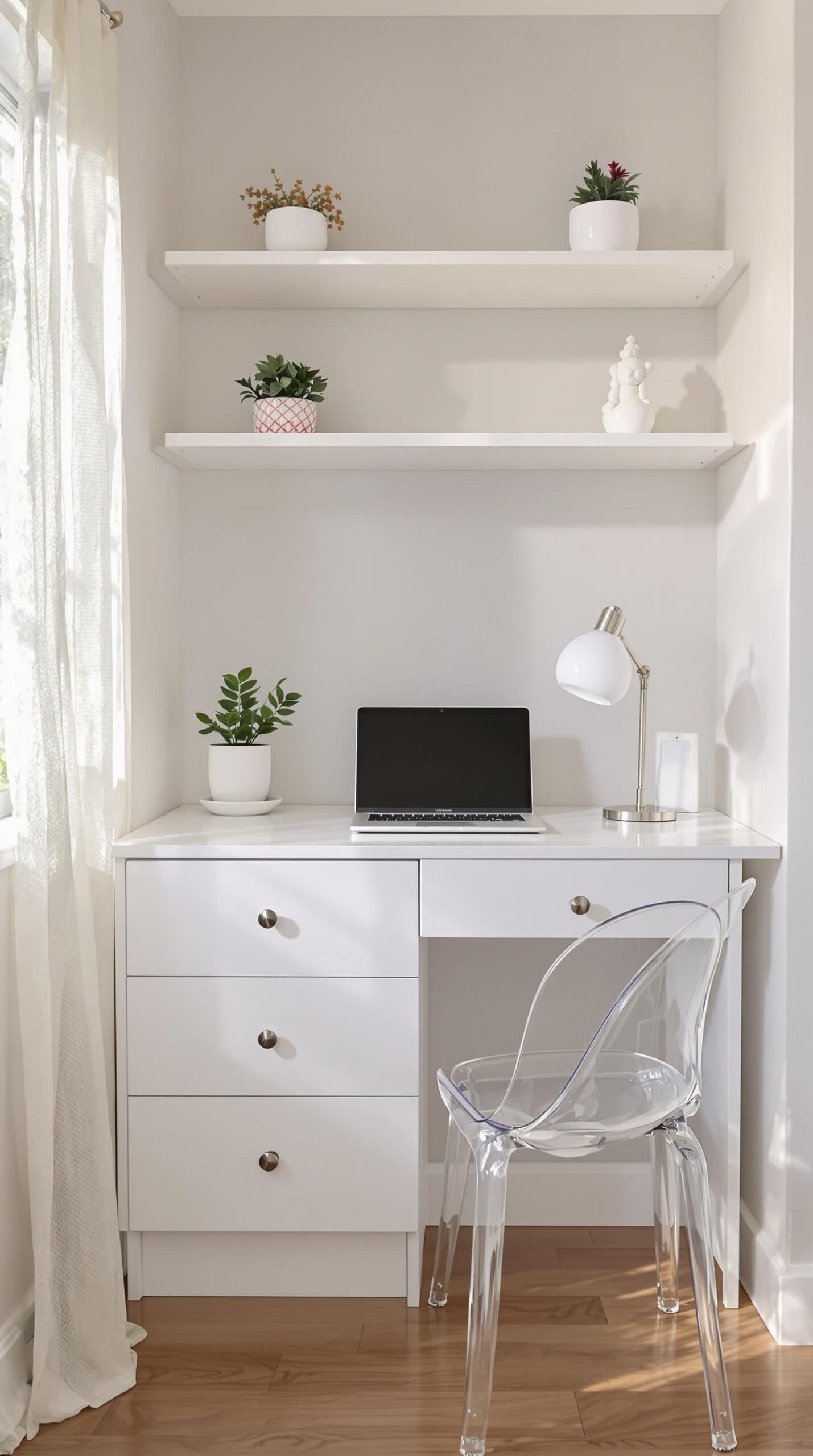 a white desk with a laptop on top of it
